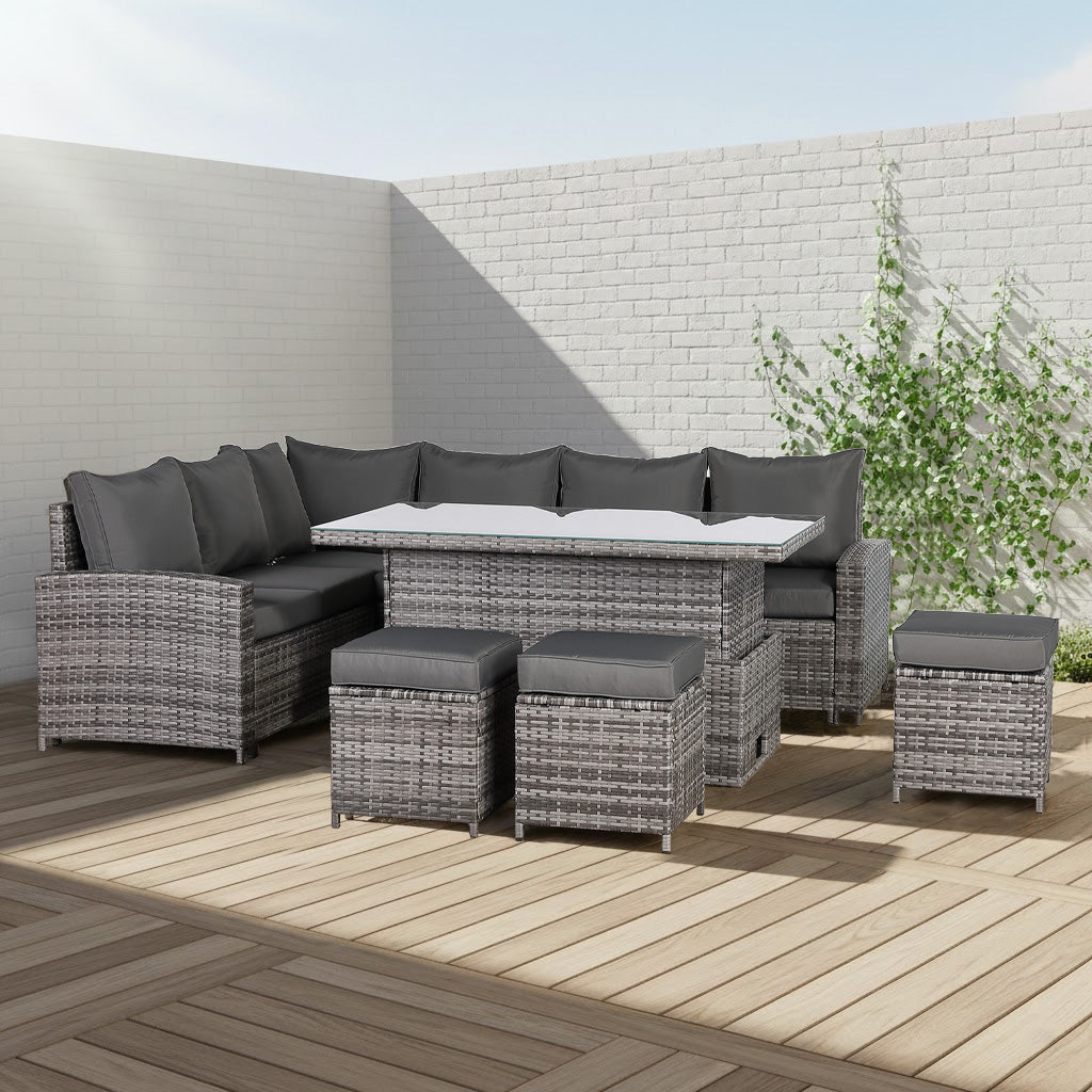 Flint Range 9-Seater High Back Rattan LHF Dining Corner Sofa Set , Garden Conservatory Corner Sofa，Rising Glass Dining Table with 3 footstools and Cushions