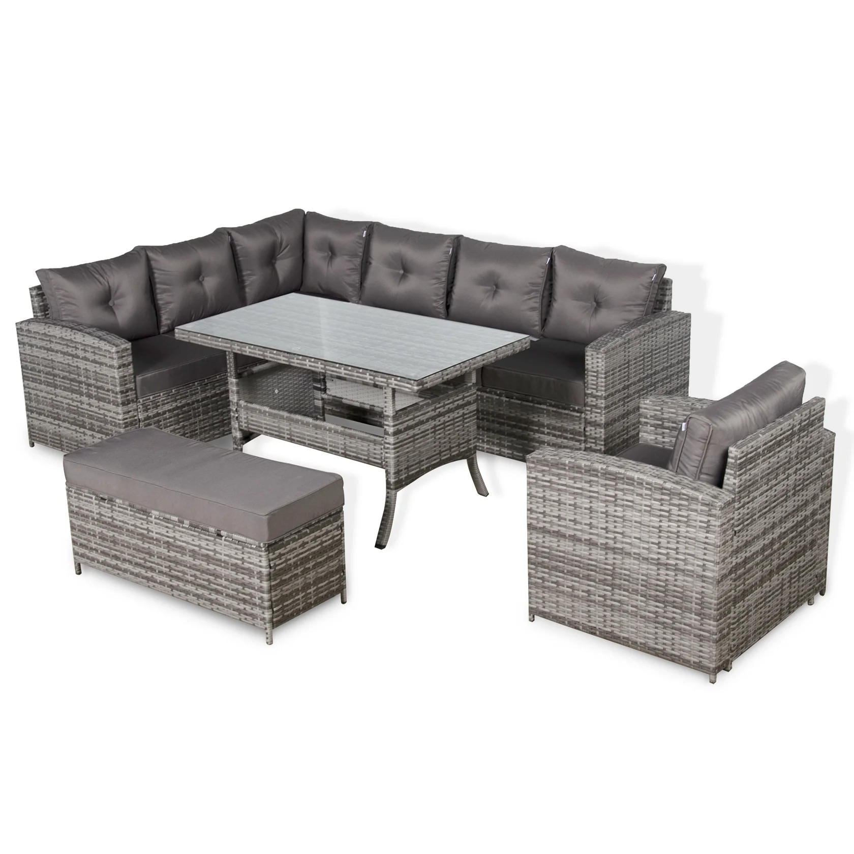 Henley Range 9-Seater High Back Elite Rattan Garden Conservatory LHF Corner Sofa Set with Arm Chair,Bench,Rectangular Dining Table Weaved in Grey Rattan and Cushions
