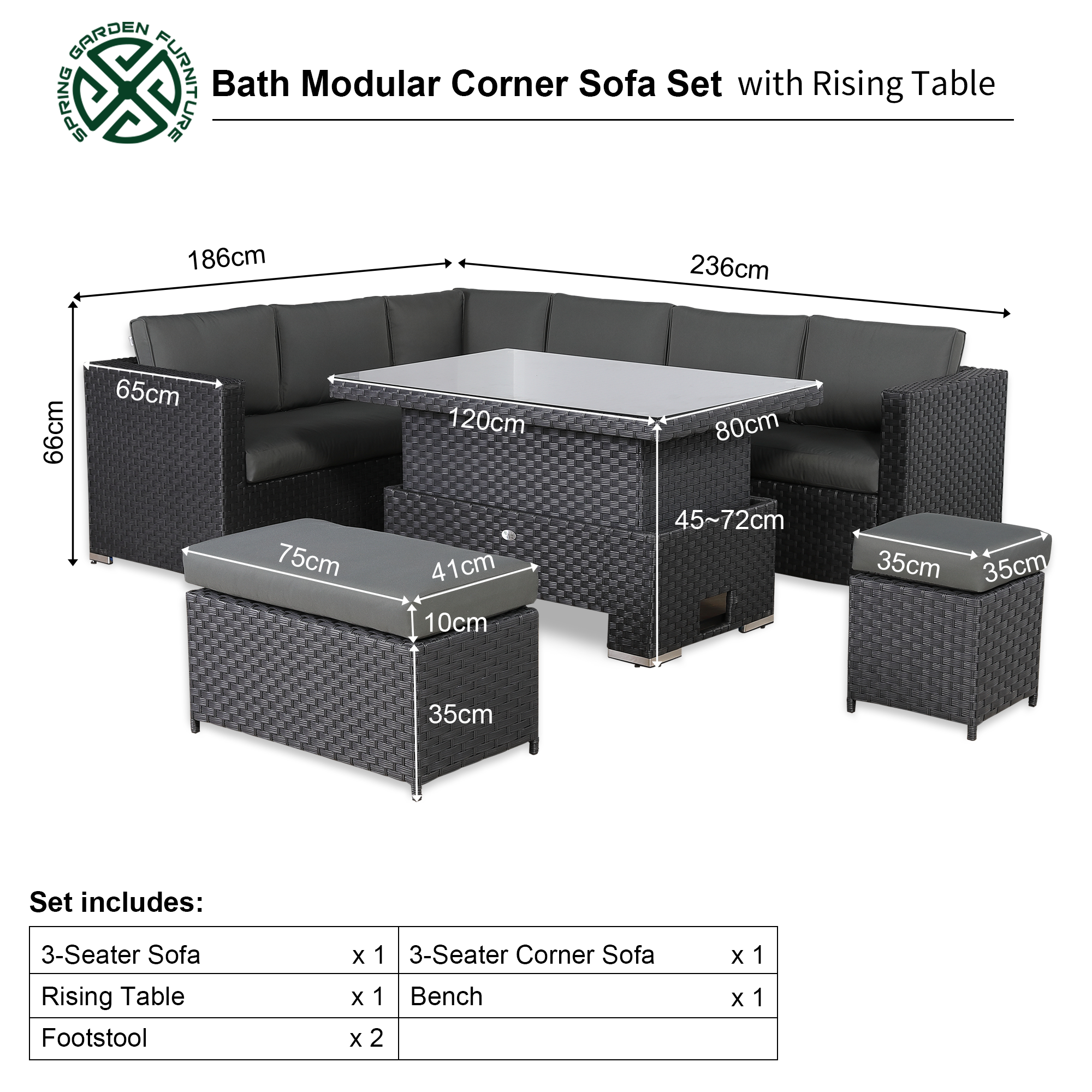 Bath Range 9-Seater Rattan Sectional Sofa Set | Rising Dining/Coffee Table, Corner Sofa, Bench & Footstool | Outdoor Wicker Furniture (Grey Cushions)