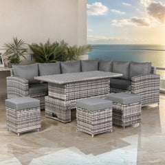 PRE ORDER...End March Dispatch...Henley Range High Back RHF Dining Corner Sofa Set in Grey Weave with Rising Table