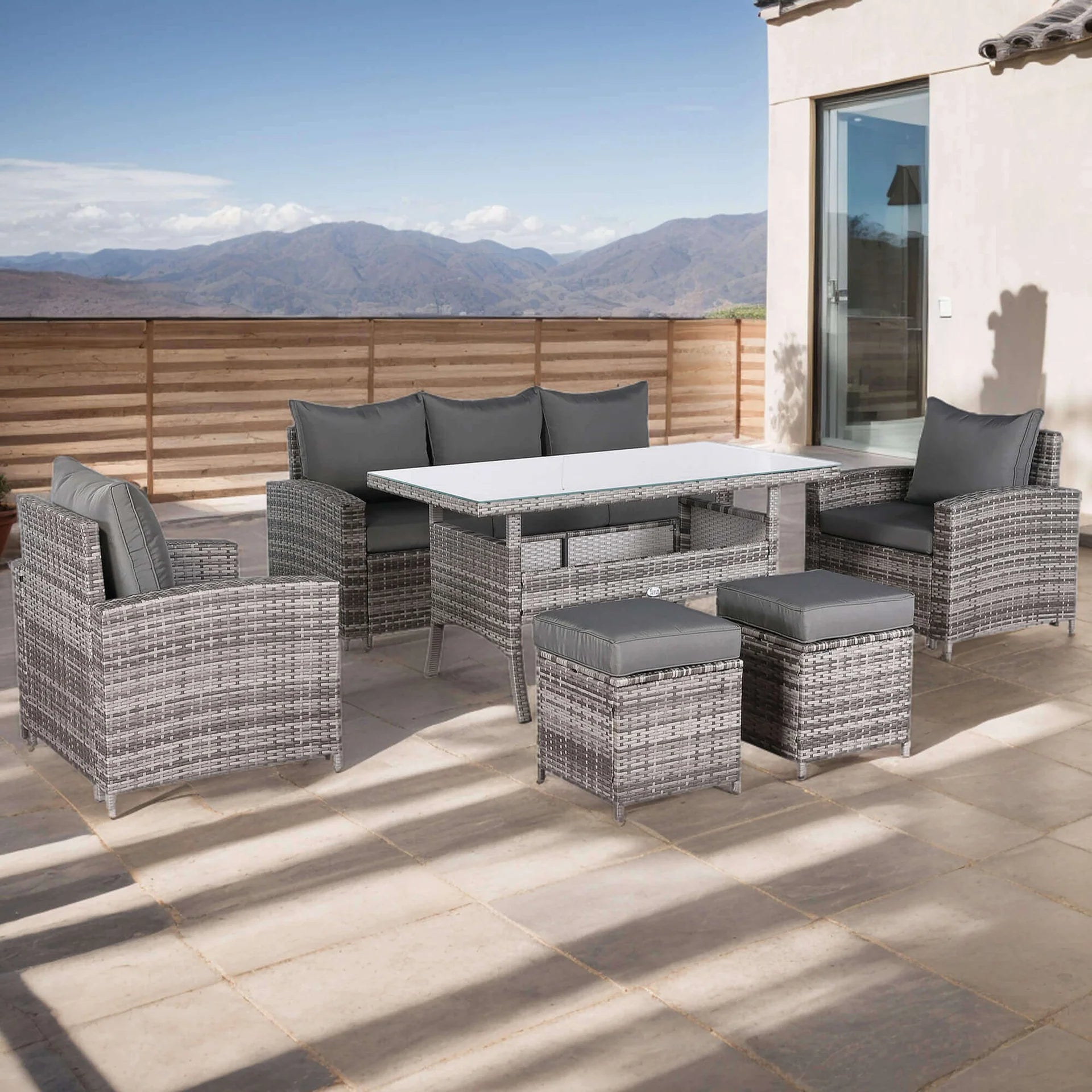 Henley Range 7-Seater High Back Large Dining Sofa Set，Garden Conservatory Sofa with Arm Chairs，Footstools，Rectangular Dining Table Weaved in Grey Rattan and Cushion