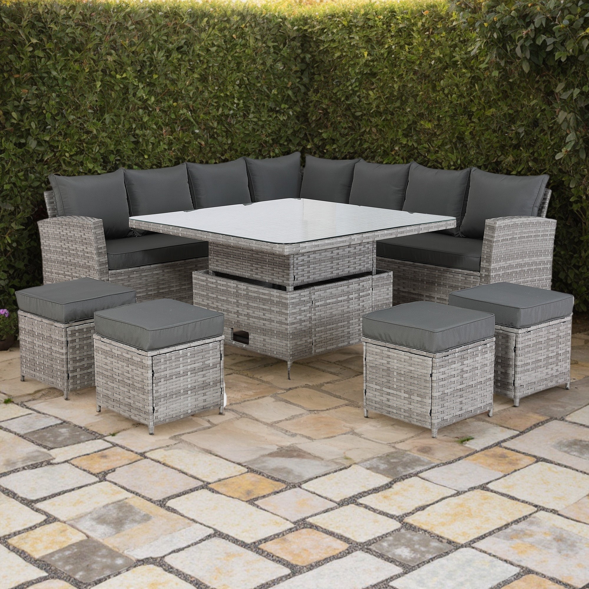 [Pre Order]Bristol Range 11 Seater L-Shape Rattan Garden Furniture Set | All-Weather Corner Sofa & Dining Table Set with Footstools (Grey)