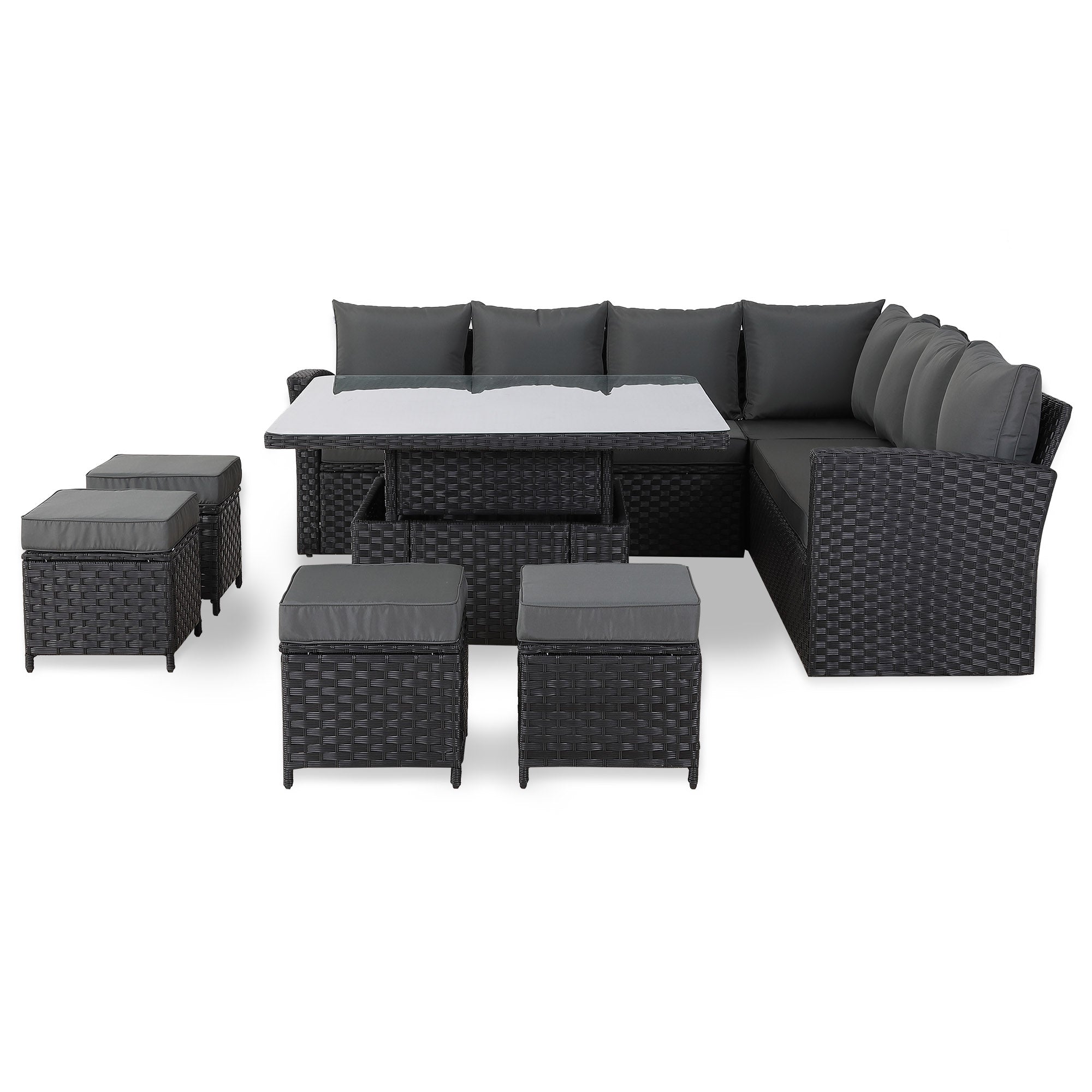 [Pre Order]Bath Range 11 Seater L-Shape Rattan Garden Furniture Set | Corner Sofa & Dining Table Set with Footstools (Black Rattan/Grey Cushions)