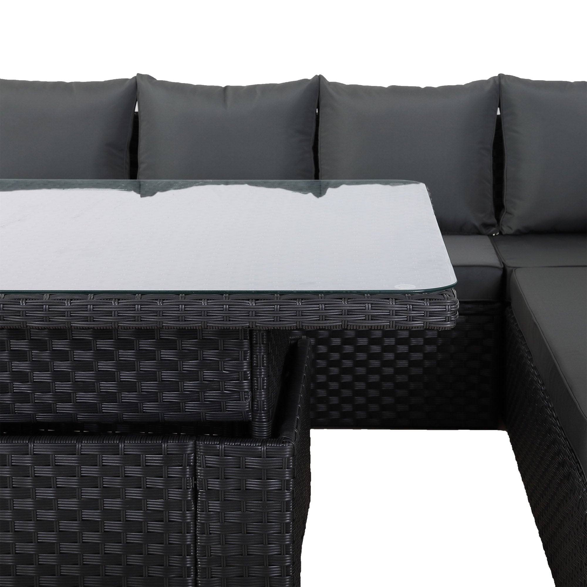 [Pre Order]Bath Range 11 Seater L-Shape Rattan Garden Furniture Set | Corner Sofa & Dining Table Set with Footstools (Black Rattan/Grey Cushions)