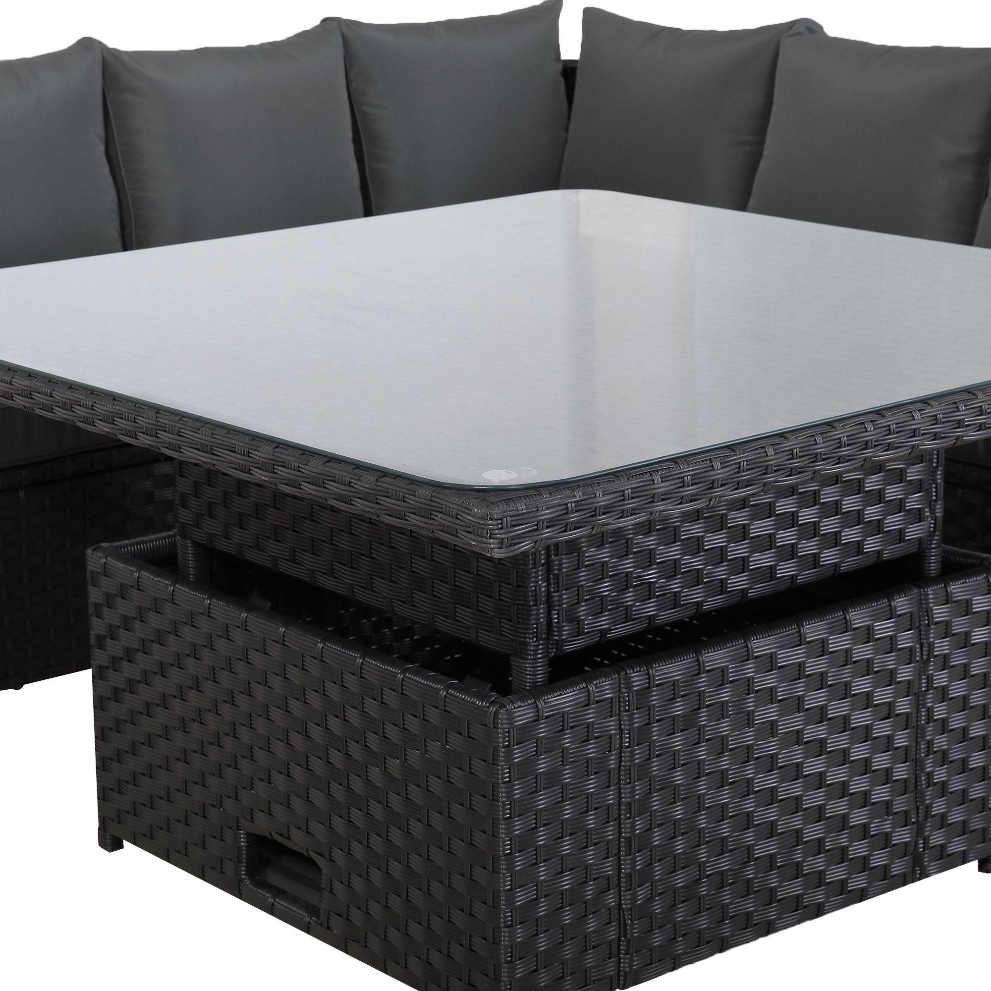[Pre Order]Bath Range 11 Seater L-Shape Rattan Garden Furniture Set | Corner Sofa & Dining Table Set with Footstools (Black Rattan/Grey Cushions)