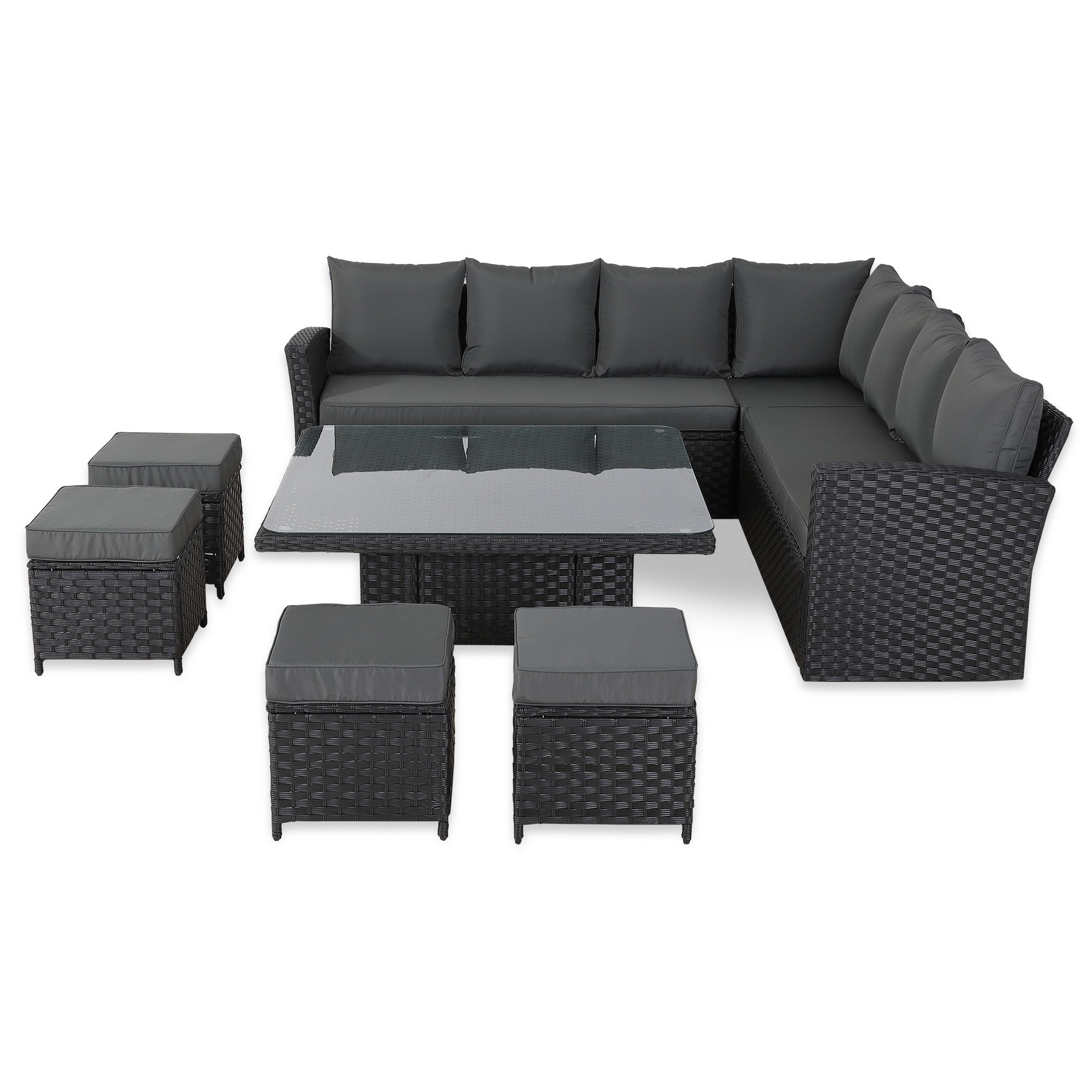 [Pre Order]Bath Range 11 Seater L-Shape Rattan Garden Furniture Set | Corner Sofa & Dining Table Set with Footstools (Black Rattan/Grey Cushions)