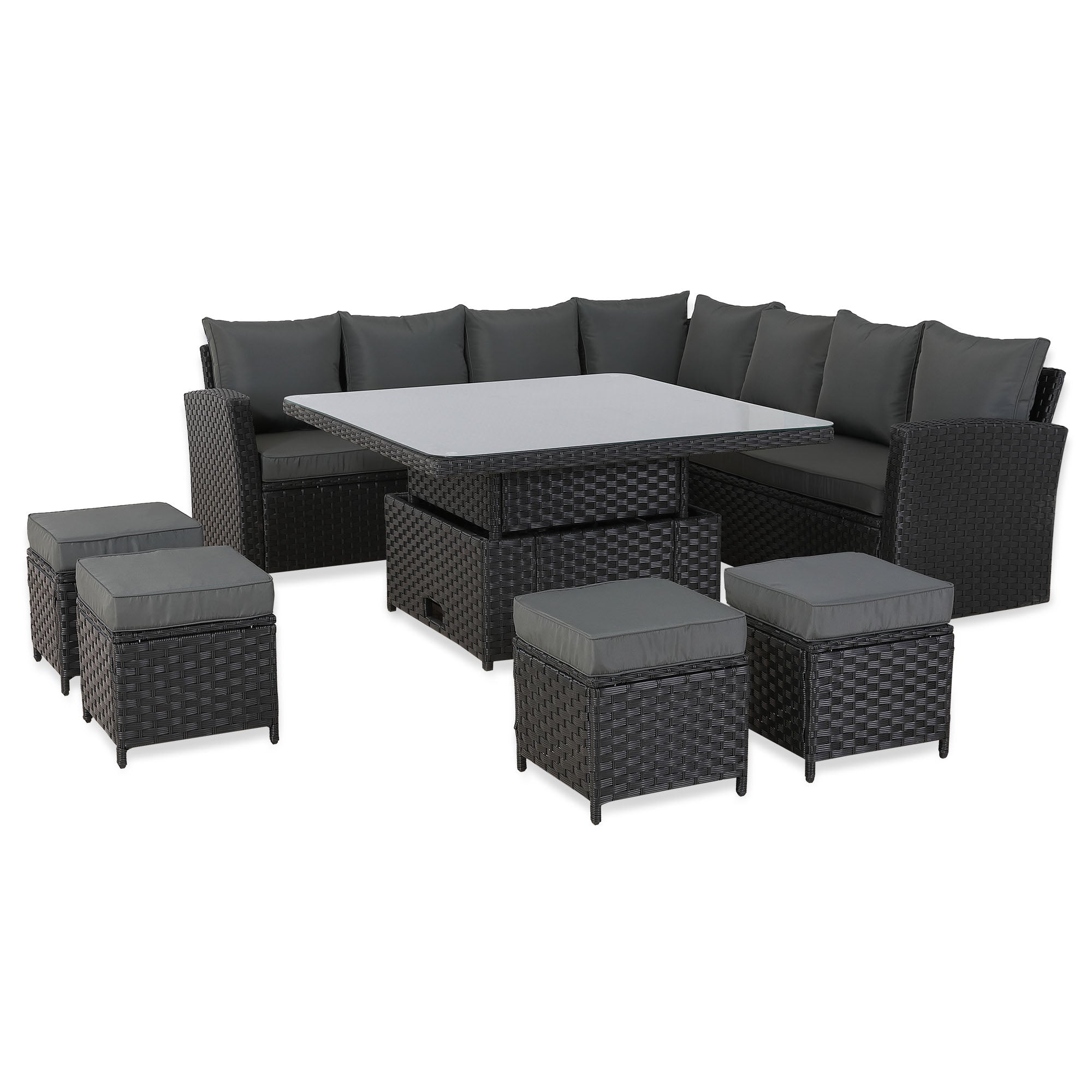 [Pre Order]Bath Range 11 Seater L-Shape Rattan Garden Furniture Set | Corner Sofa & Dining Table Set with Footstools (Black Rattan/Grey Cushions)
