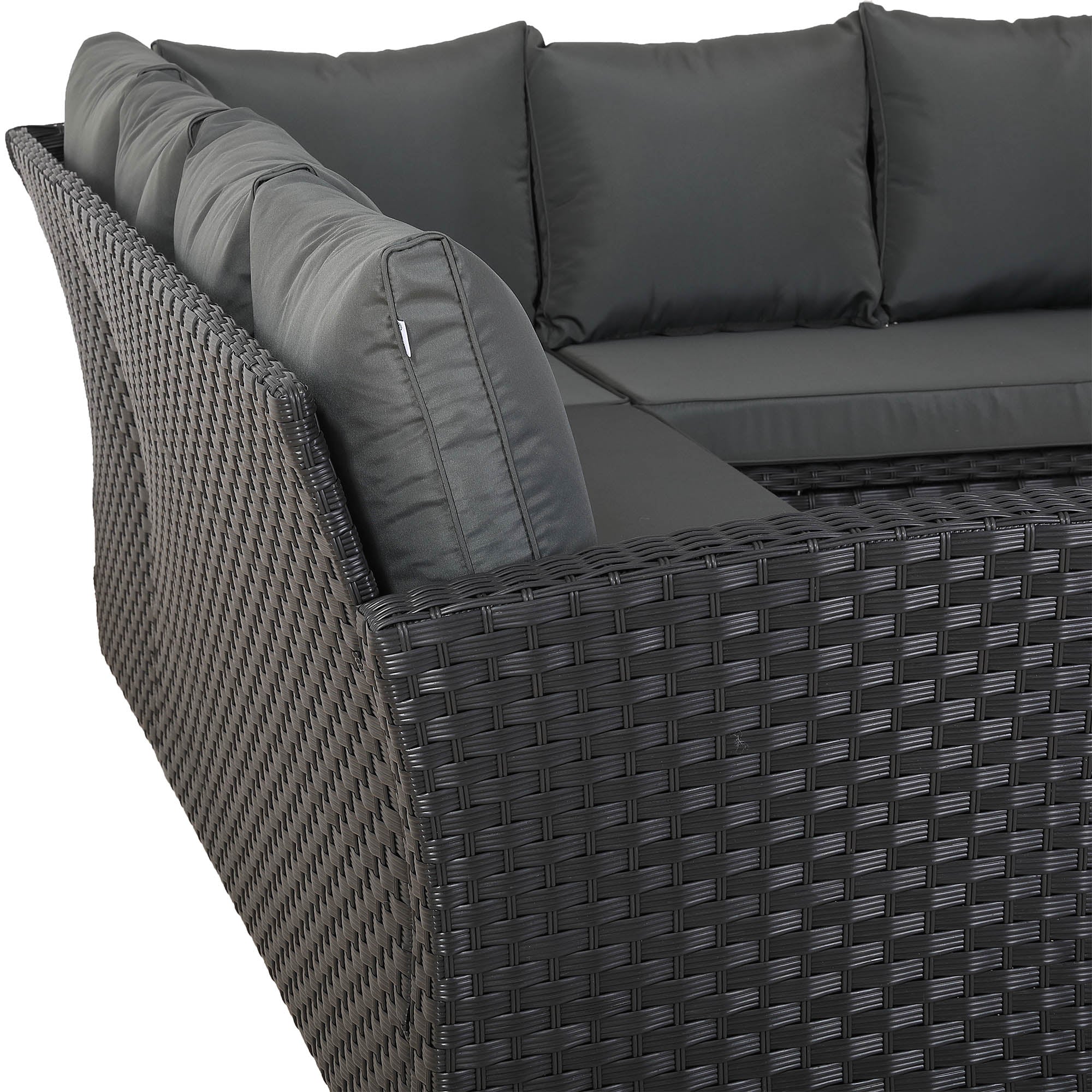 [Pre Order]Bath Range 11 Seater L-Shape Rattan Garden Furniture Set | Corner Sofa & Dining Table Set with Footstools (Black Rattan/Grey Cushions)