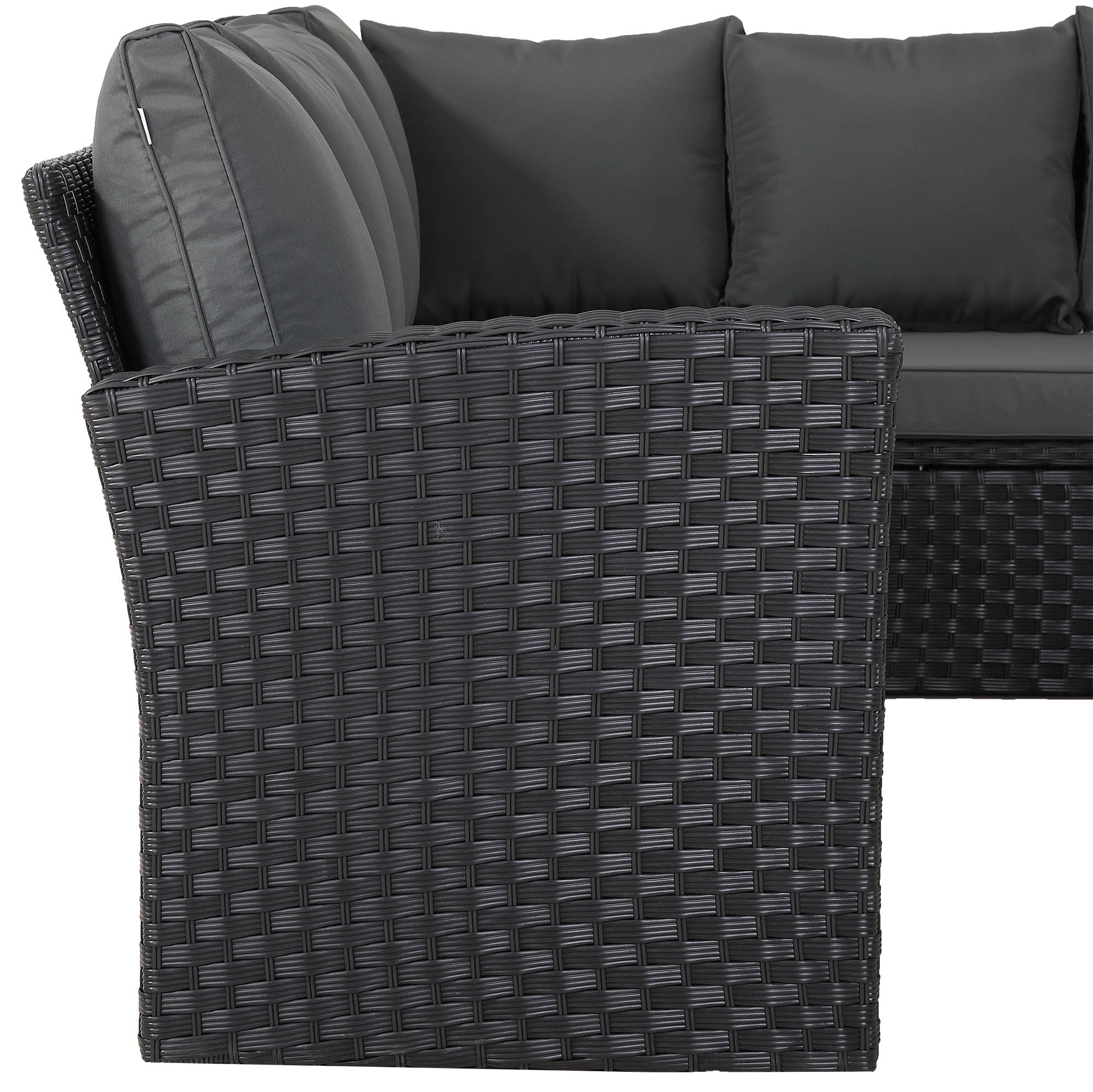 [Pre Order]Bath Range 11 Seater L-Shape Rattan Garden Furniture Set | Corner Sofa & Dining Table Set with Footstools (Black Rattan/Grey Cushions)