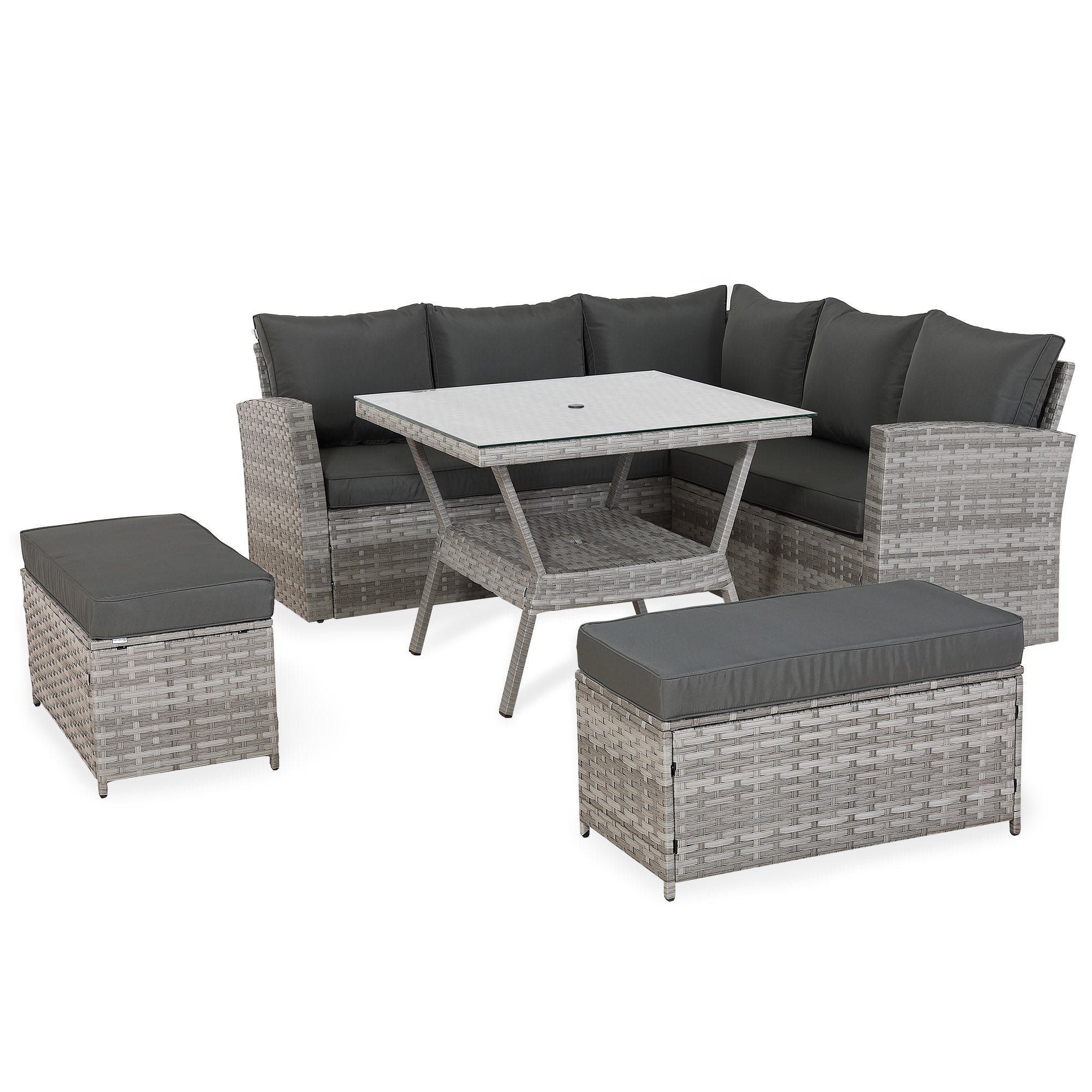 [Pre Order]Bristol Range 9 Seater Rattan Garden Furniture Set | All-Weather Sofa & Dining Set with Glass Table, 2 Benches & Parasol Hole (Grey)
