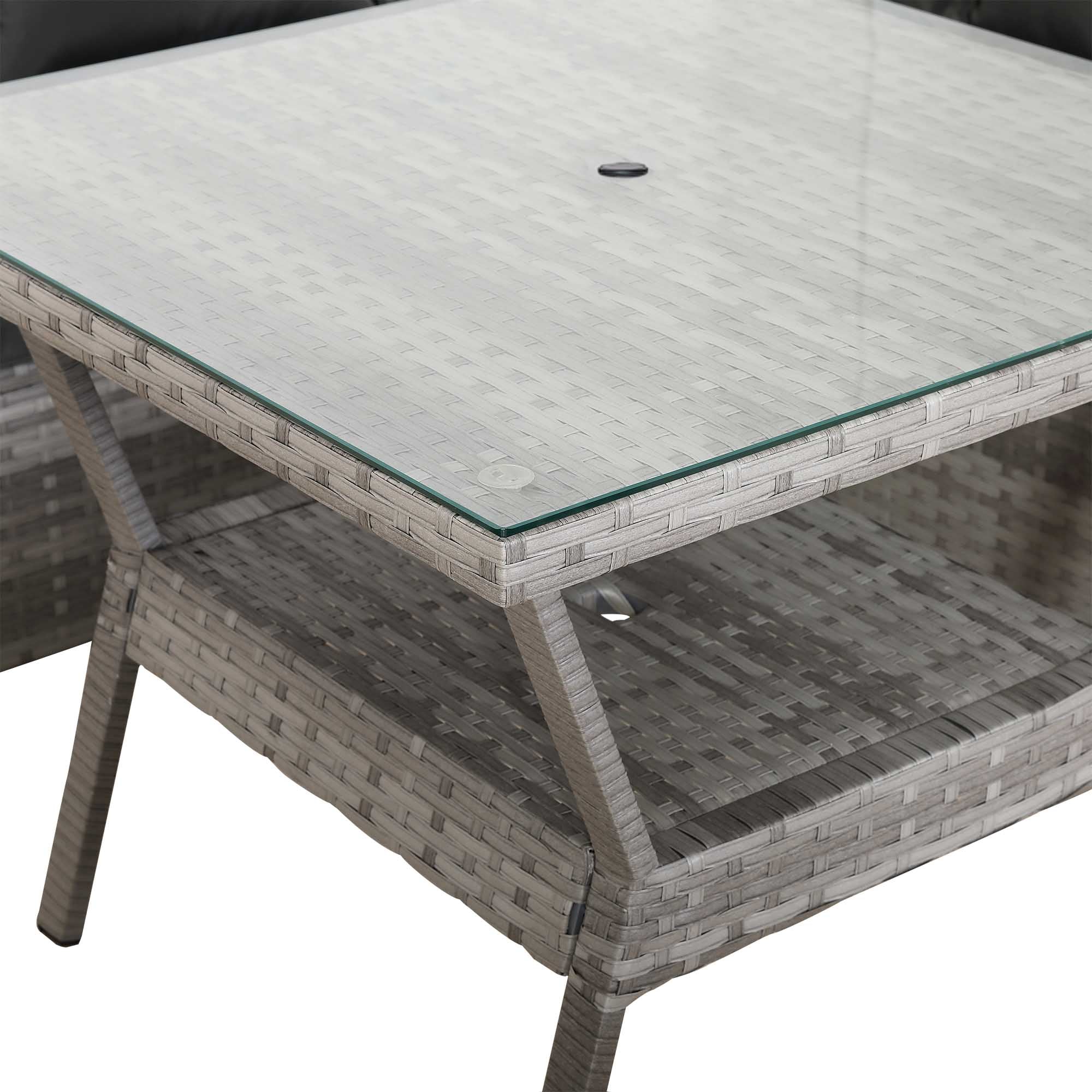 [Pre Order]Bristol Range 9 Seater Rattan Garden Furniture Set | All-Weather Sofa & Dining Set with Glass Table, 2 Benches & Parasol Hole (Grey)