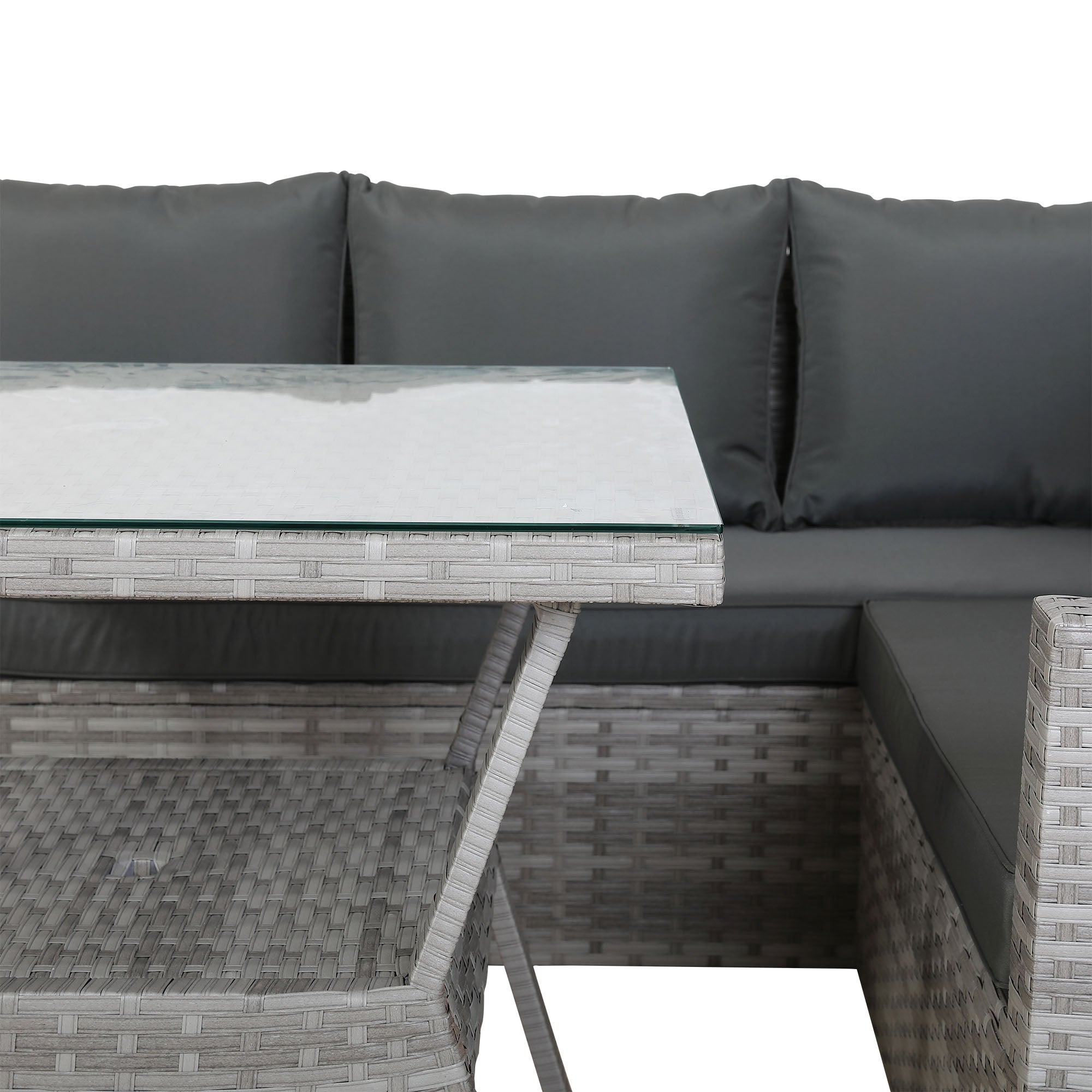 [Pre Order]Bristol Range 9 Seater Rattan Garden Furniture Set | All-Weather Sofa & Dining Set with Glass Table, 2 Benches & Parasol Hole (Grey)