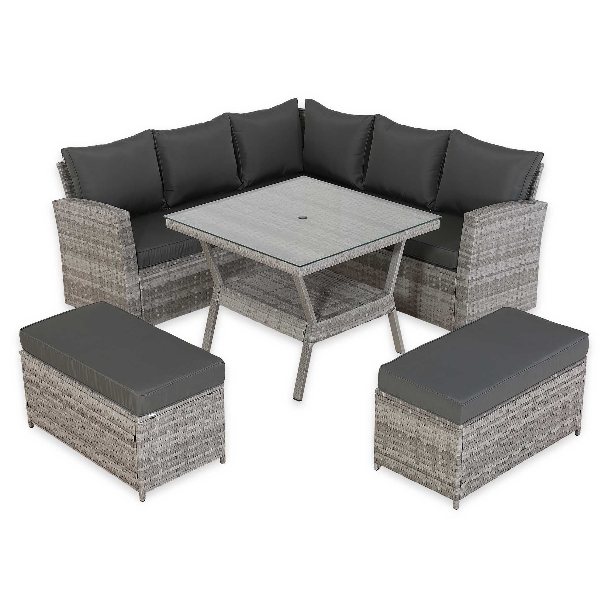 [Pre Order]Bristol Range 9 Seater Rattan Garden Furniture Set | All-Weather Sofa & Dining Set with Glass Table, 2 Benches & Parasol Hole (Grey)