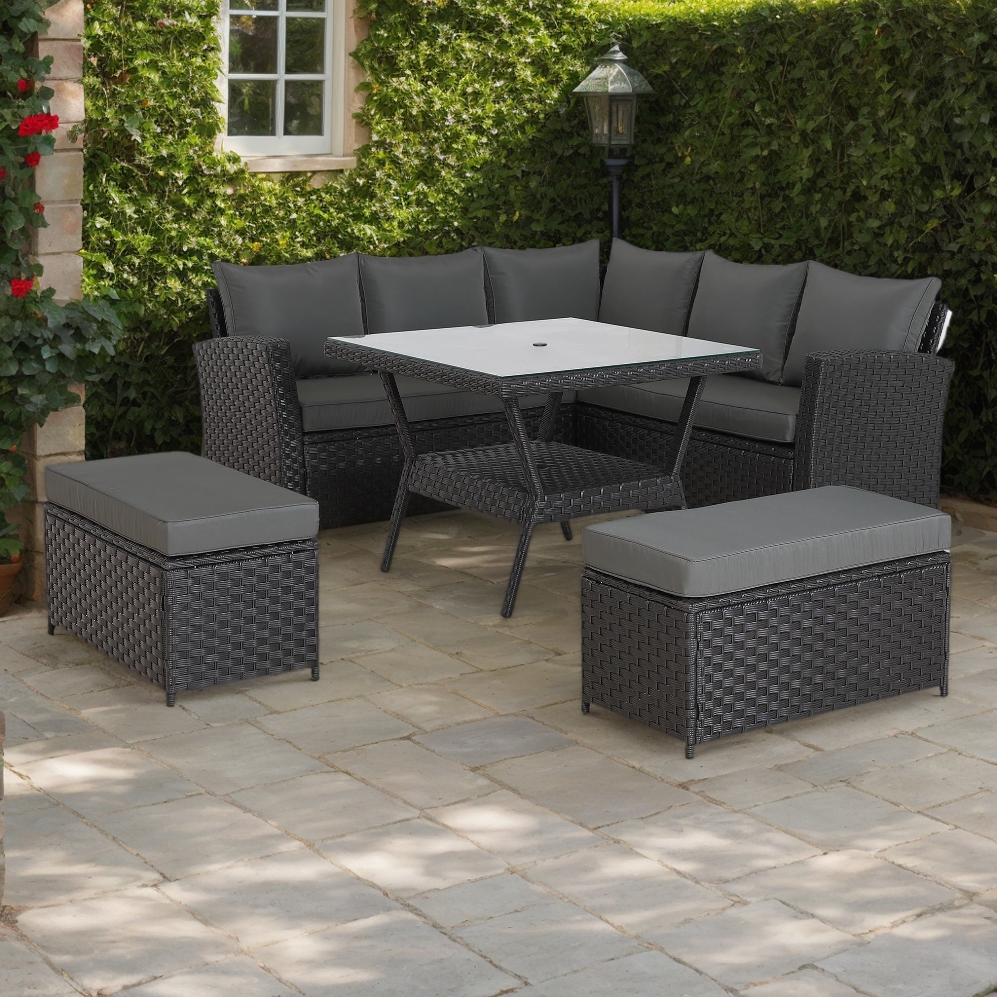 [Pre Order]Bath Range 9 Seater Rattan Garden Furniture Set | All-Weather Sofa & Dining Set with Glass Table, 2 Benches & Parasol Hole (Black Rattan/Grey Cushions)