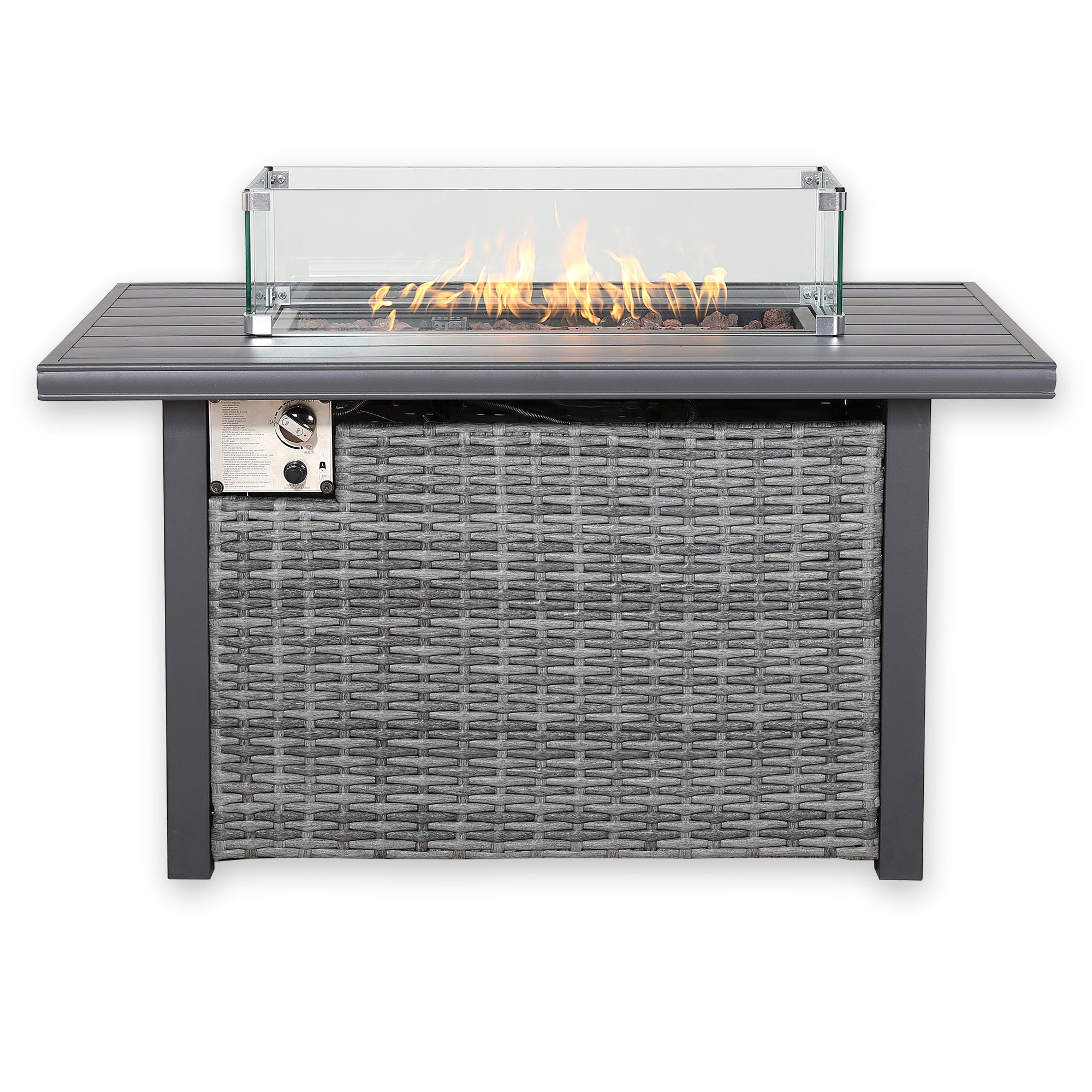 Brighton Outdoor Aluminum Fire Pit Table with Glass Wind Guard and Rattan Base - Grey All-Weather Gas Fire Table