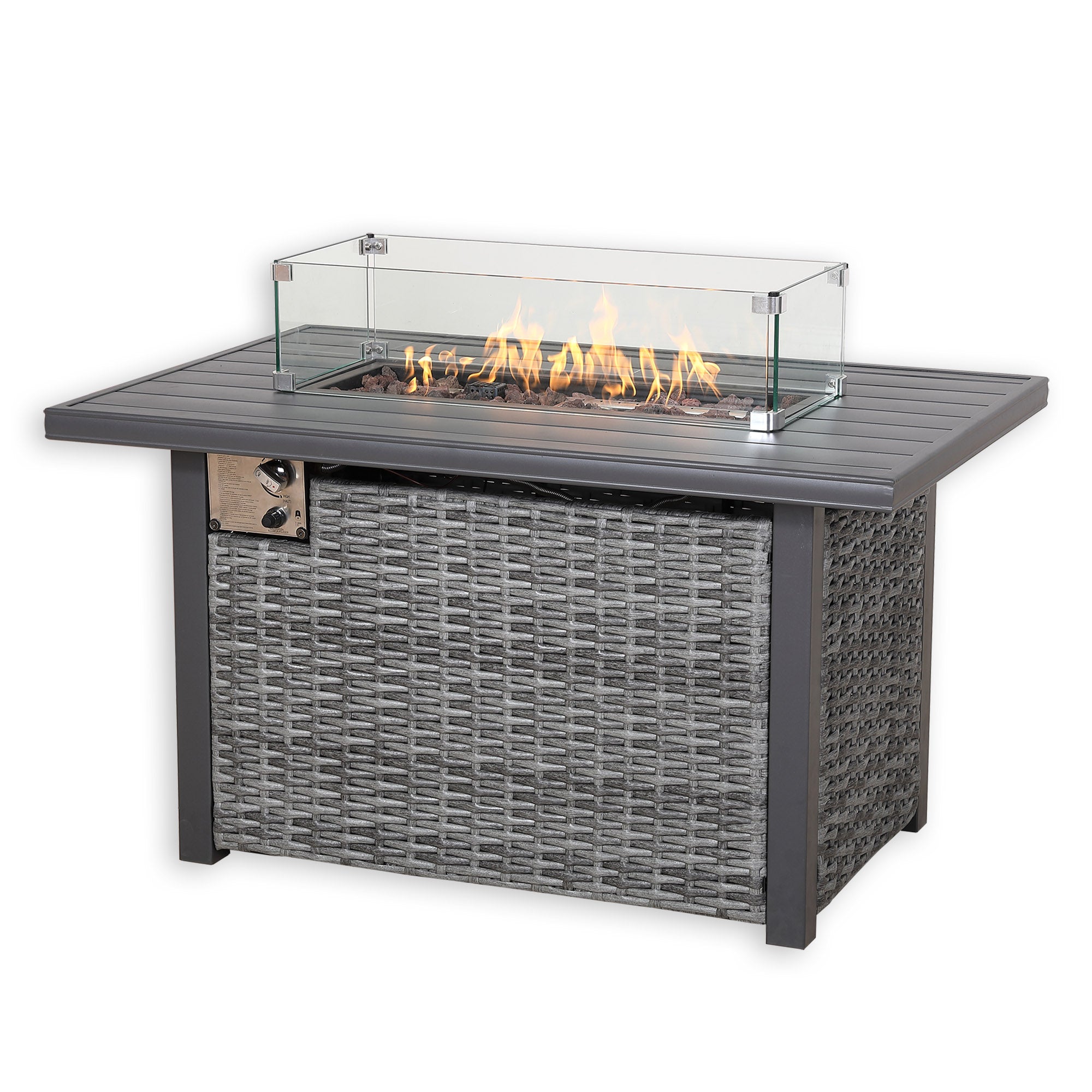 Brighton Outdoor Aluminum Fire Pit Table with Glass Wind Guard and Rattan Base - Grey All-Weather Gas Fire Table