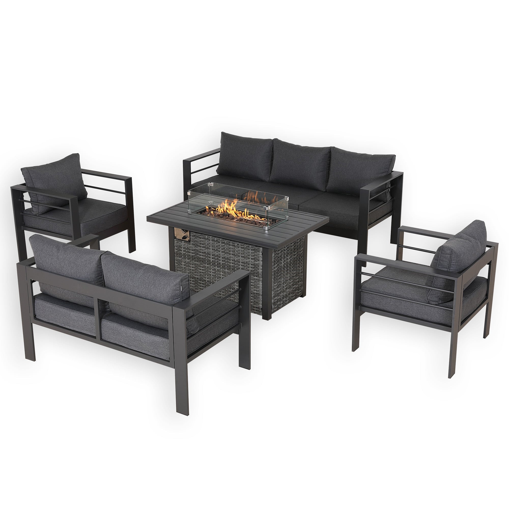 Brighton Range 8-Seater Furniture Sofa Set，All-Weather Garden Conservatory 3-Seater Sofa，Chairs with Fire Pit Table in Grey Aluminium Frame