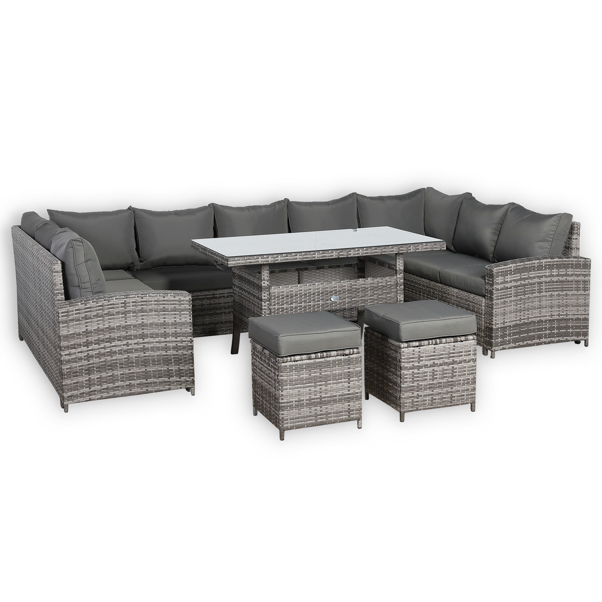 Henley Range 11-Seater High Back Large U-shaped Dining Sofa Set，Garden Conservatory Sofa with Footstools，Rectangular Dining Table Weaved in Grey Rattan and Cushion