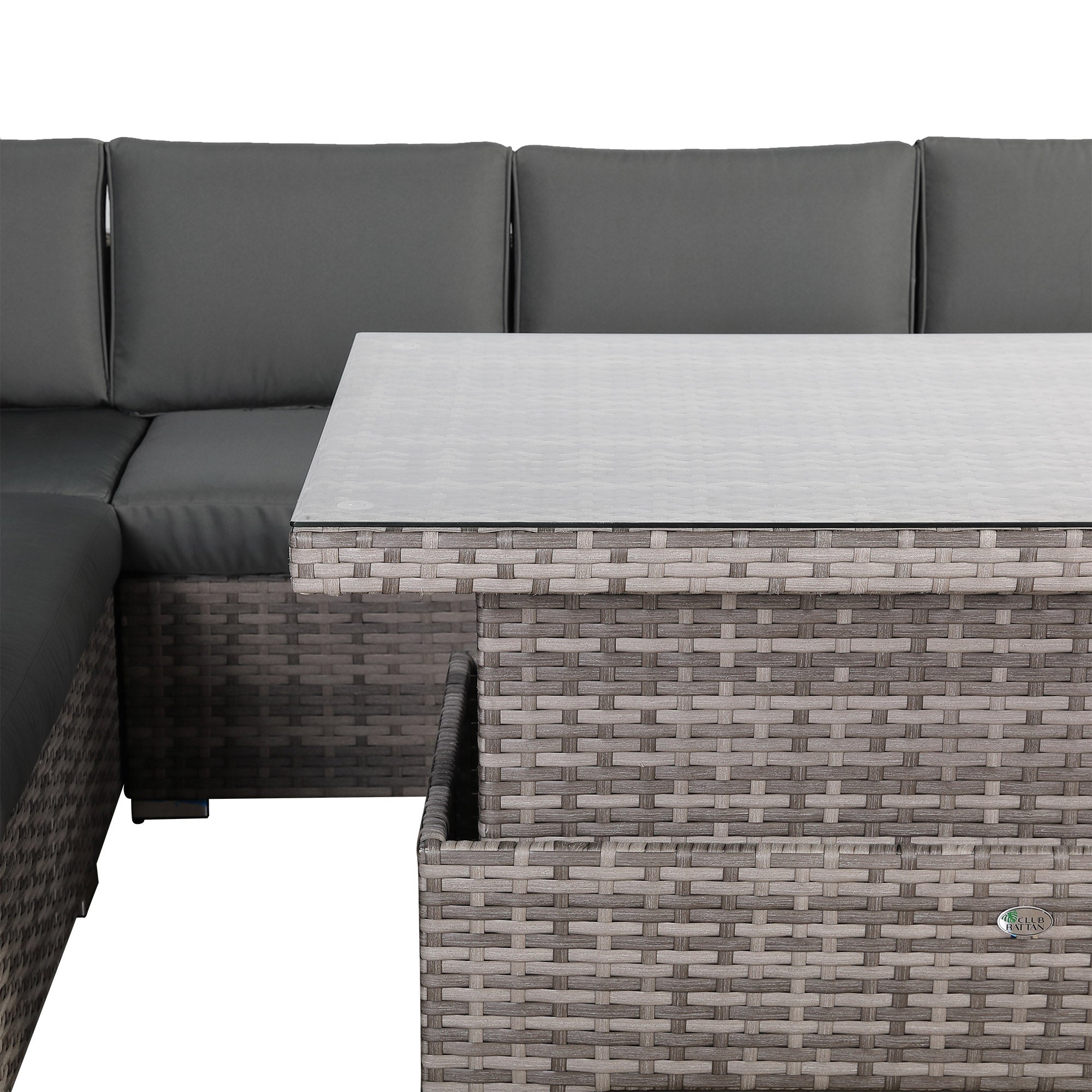 Dover Range 9-Seater Rattan Sectional Sofa Set | Rising Dining/Coffee Table, Corner Sofa, Bench & Footstool | Outdoor Wicker Furniture (Grey Cushions)