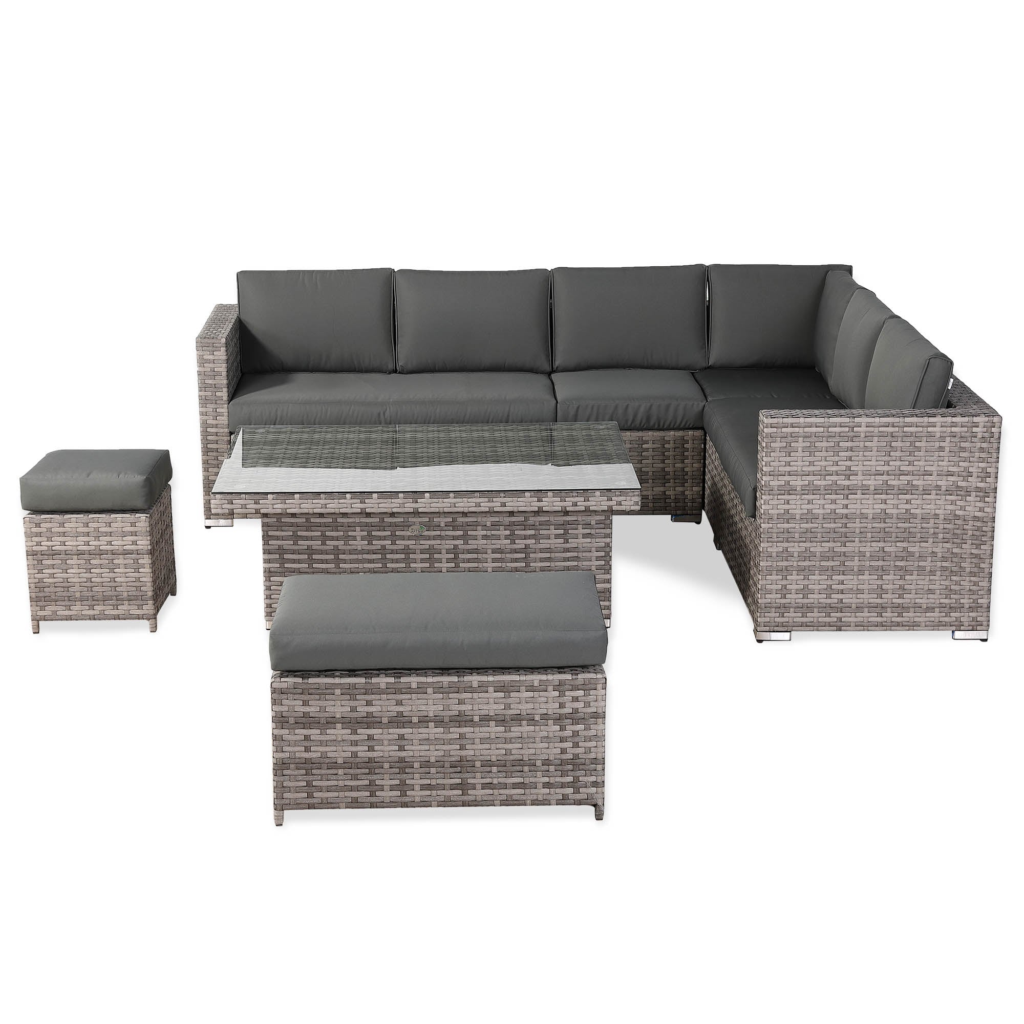 Dover Range 9-Seater Rattan Sectional Sofa Set | Rising Dining/Coffee Table, Corner Sofa, Bench & Footstool | Outdoor Wicker Furniture (Grey Cushions)