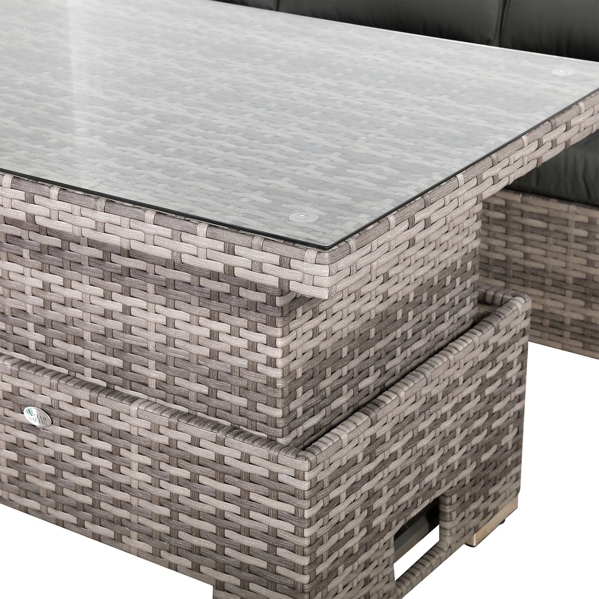 Dover Range 9-Seater Rattan Sectional Sofa Set | Rising Dining/Coffee Table, Corner Sofa, Bench & Footstool | Outdoor Wicker Furniture (Grey Cushions)