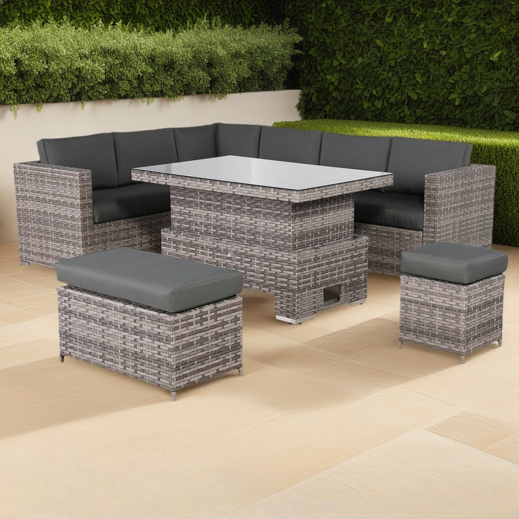 Dover Range 9-Seater Rattan Sectional Sofa Set | Rising Dining/Coffee Table, Corner Sofa, Bench & Footstool | Outdoor Wicker Furniture (Grey Cushions)