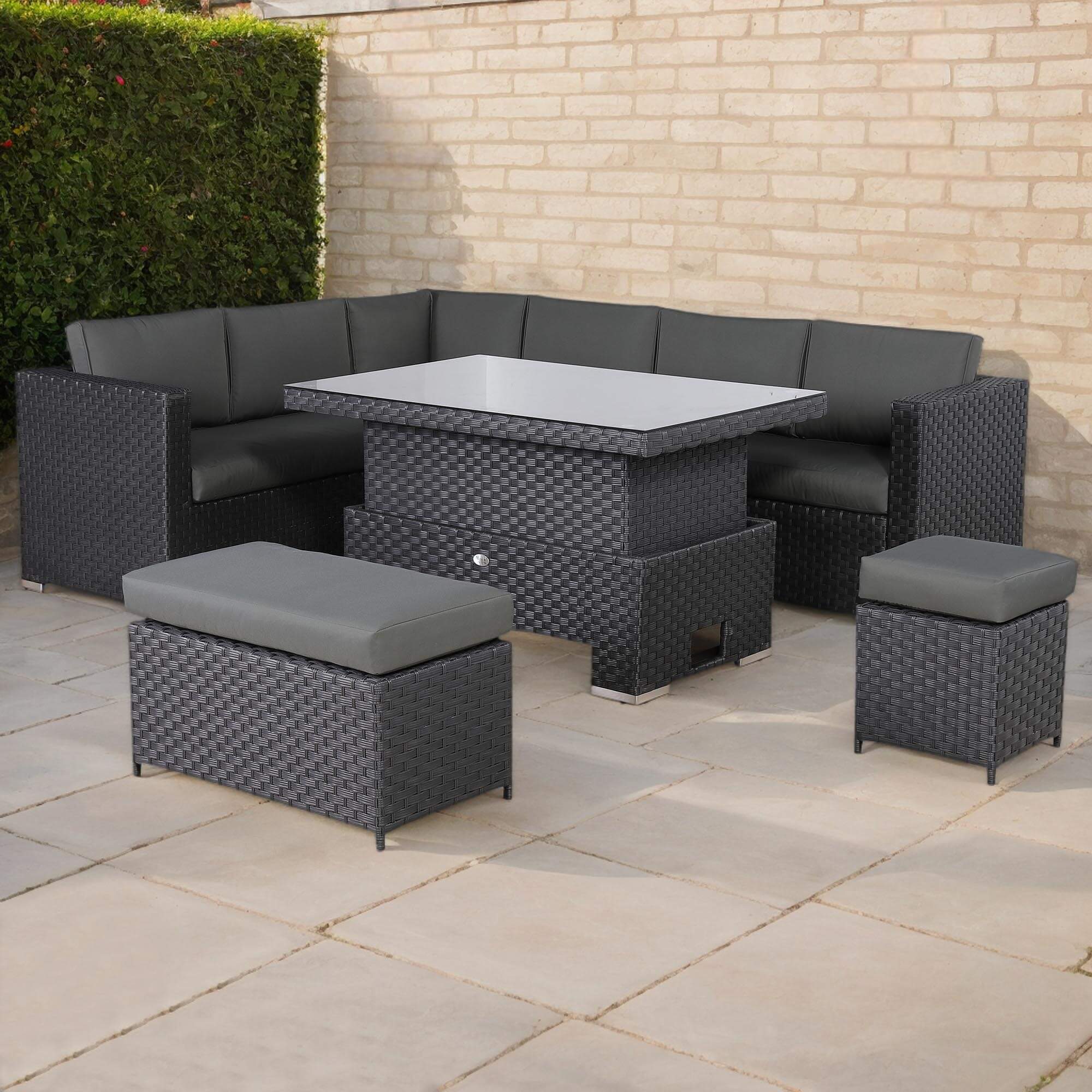 Bath Range 9-Seater Rattan Sectional Sofa Set | Rising Dining/Coffee Table, Corner Sofa, Bench & Footstool | Outdoor Wicker Furniture (Grey Cushions)