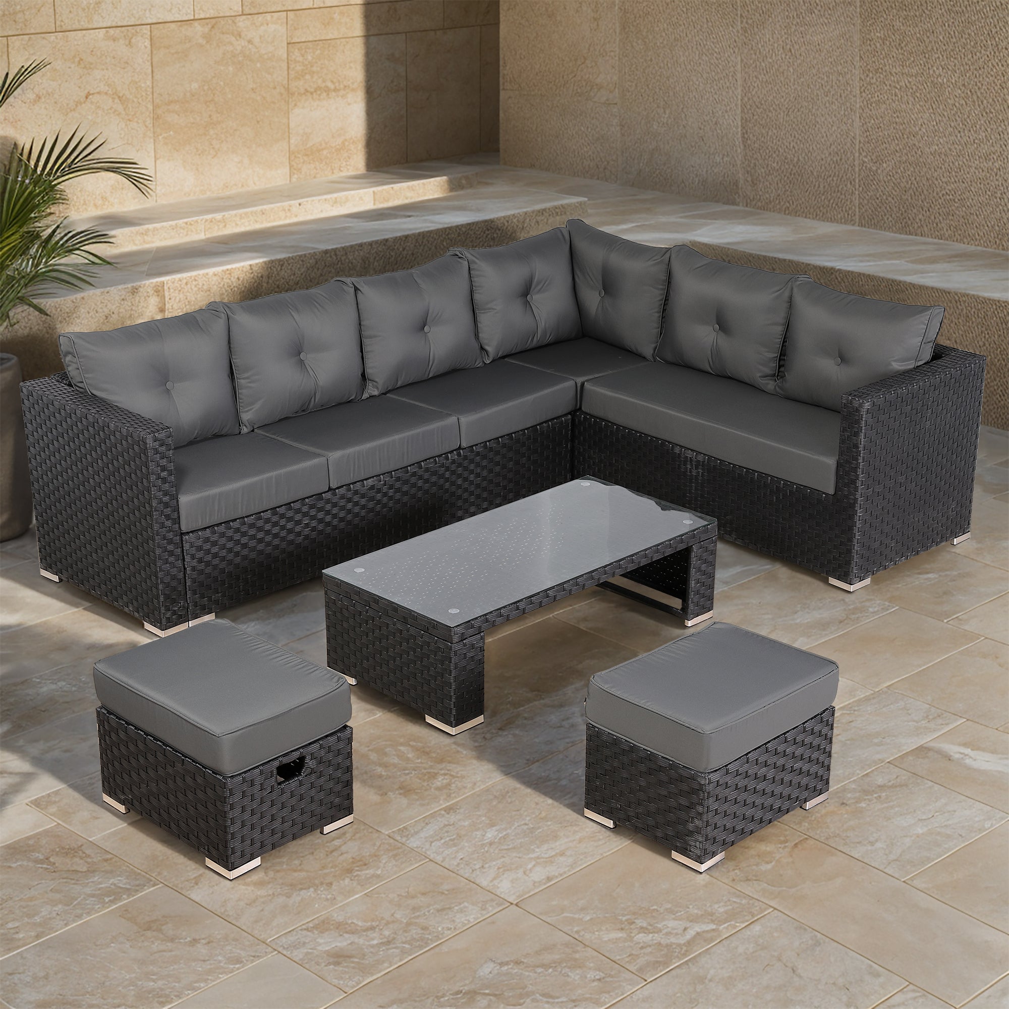 Newick Modular Corner Sofa With Coffee Table And 2 Footstools In Black Weave(CS06)
