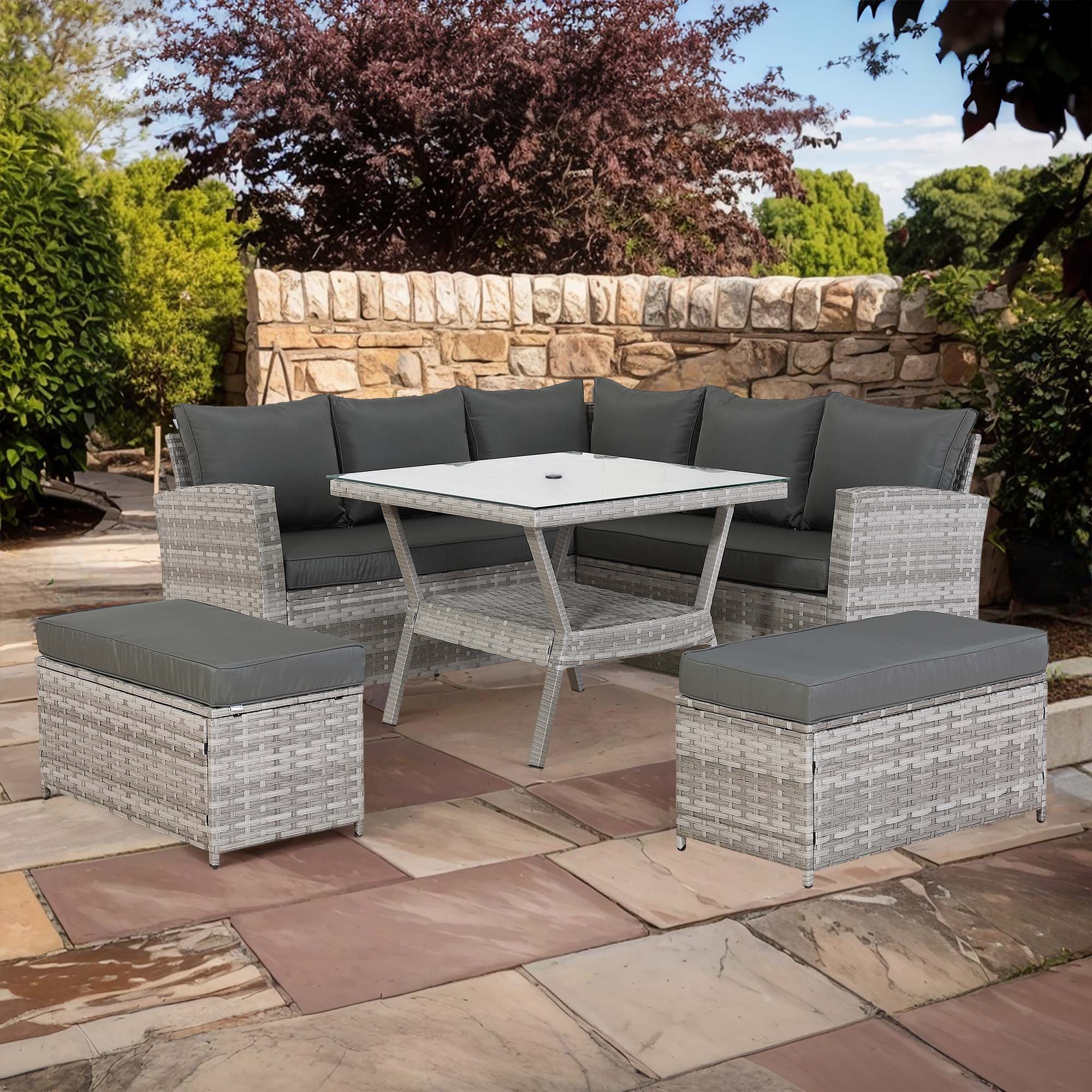[Pre Order]Bristol Range 9 Seater Rattan Garden Furniture Set | All-Weather Sofa & Dining Set with Glass Table, 2 Benches & Parasol Hole (Grey)