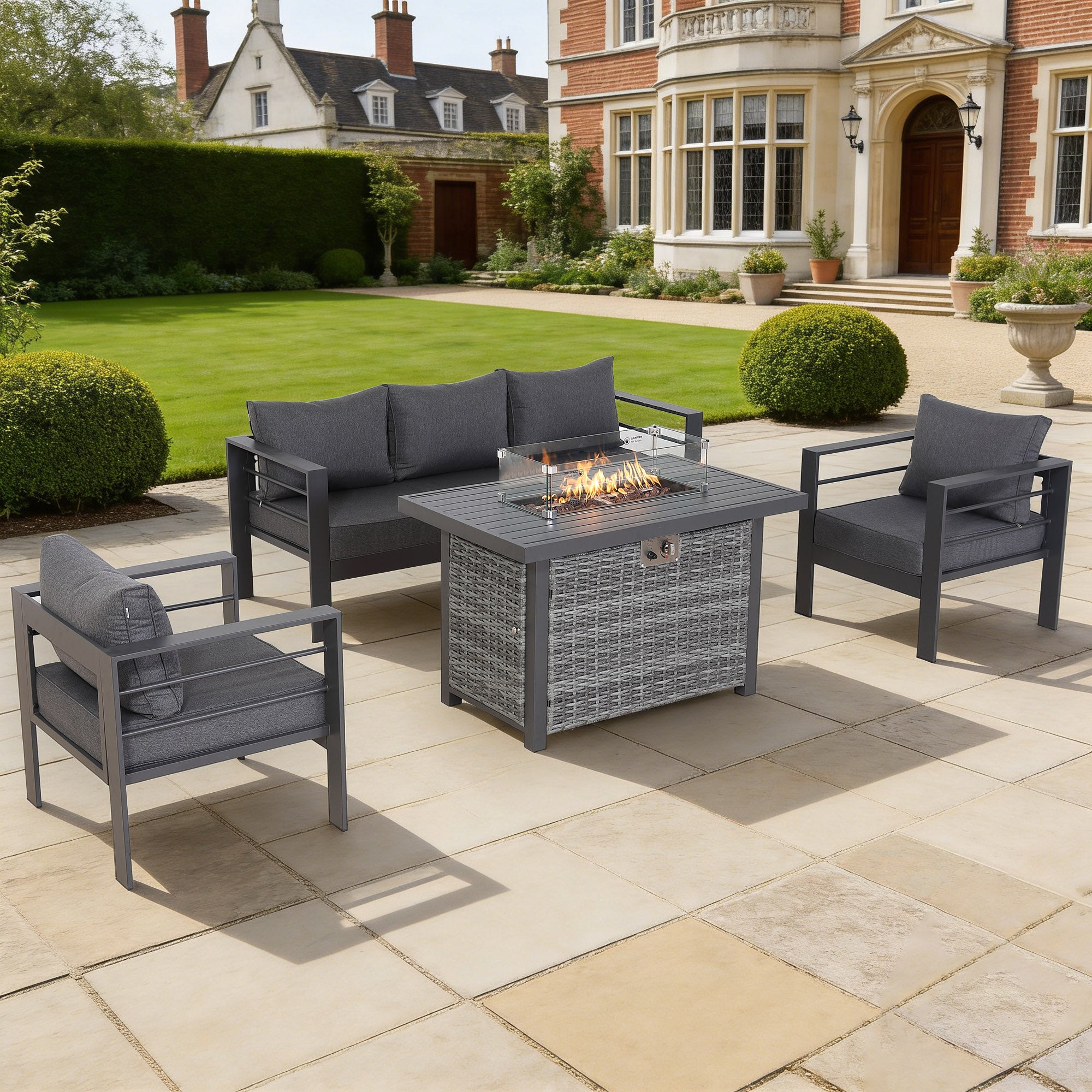 Brighton Range 5-Seater Furniture Set，All-Weather Garden Conservatory 3-Seater Sofa，Chairs and Fire Pit Table in Grey Aluminium Frame