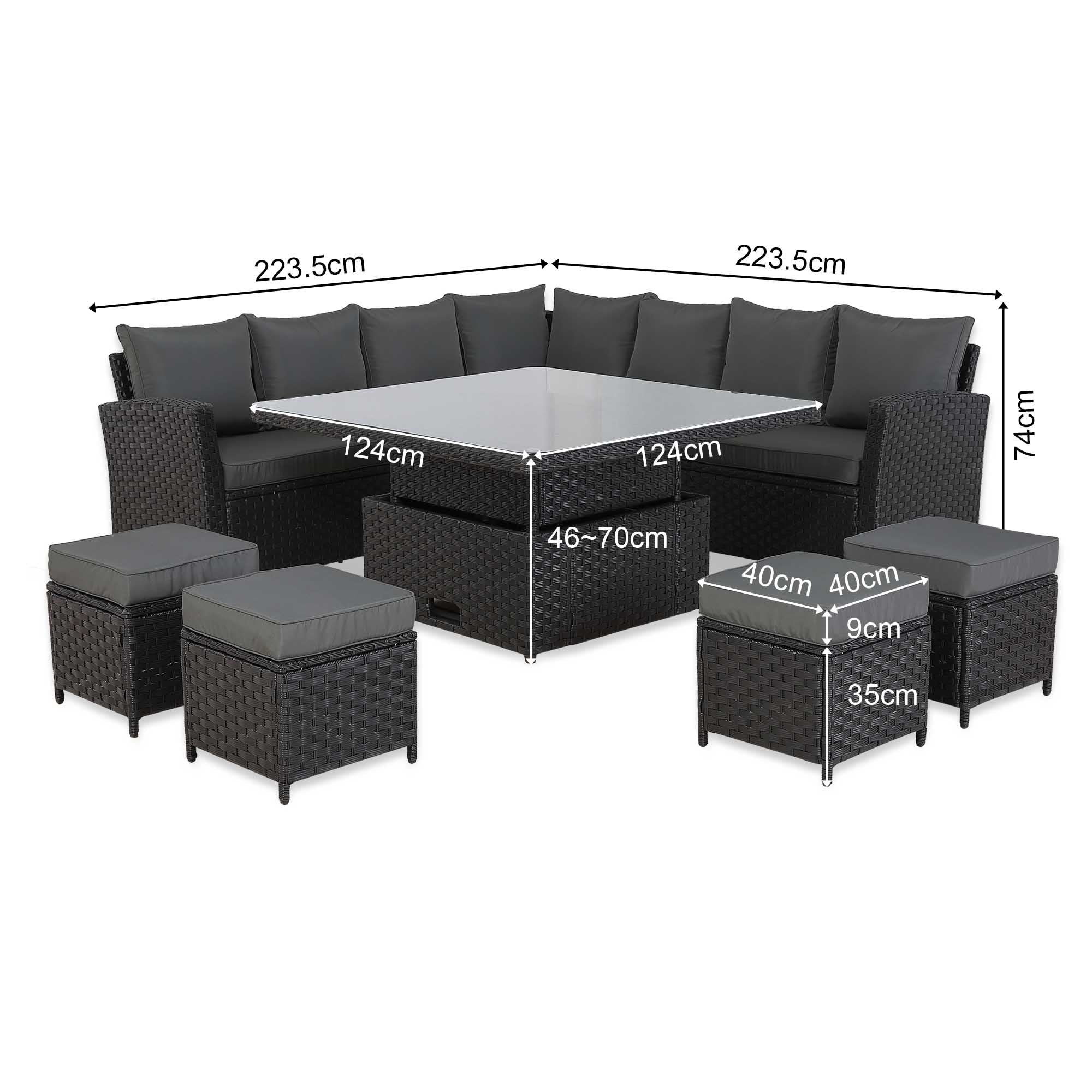 [Pre Order]Bath Range 11 Seater L-Shape Rattan Garden Furniture Set | Corner Sofa & Dining Table Set with Footstools (Black Rattan/Grey Cushions)