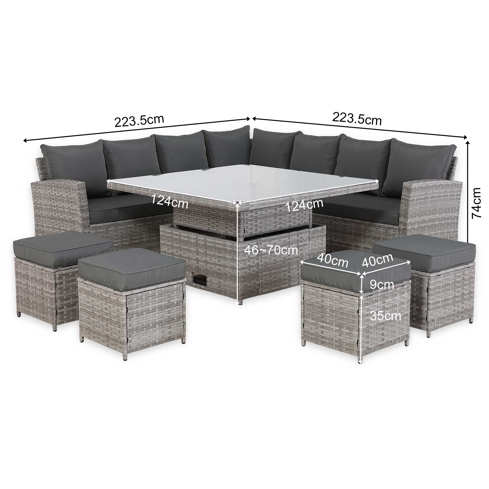 [Pre Order]Bristol Range 11 Seater L-Shape Rattan Garden Furniture Set | All-Weather Corner Sofa & Dining Table Set with Footstools (Grey)