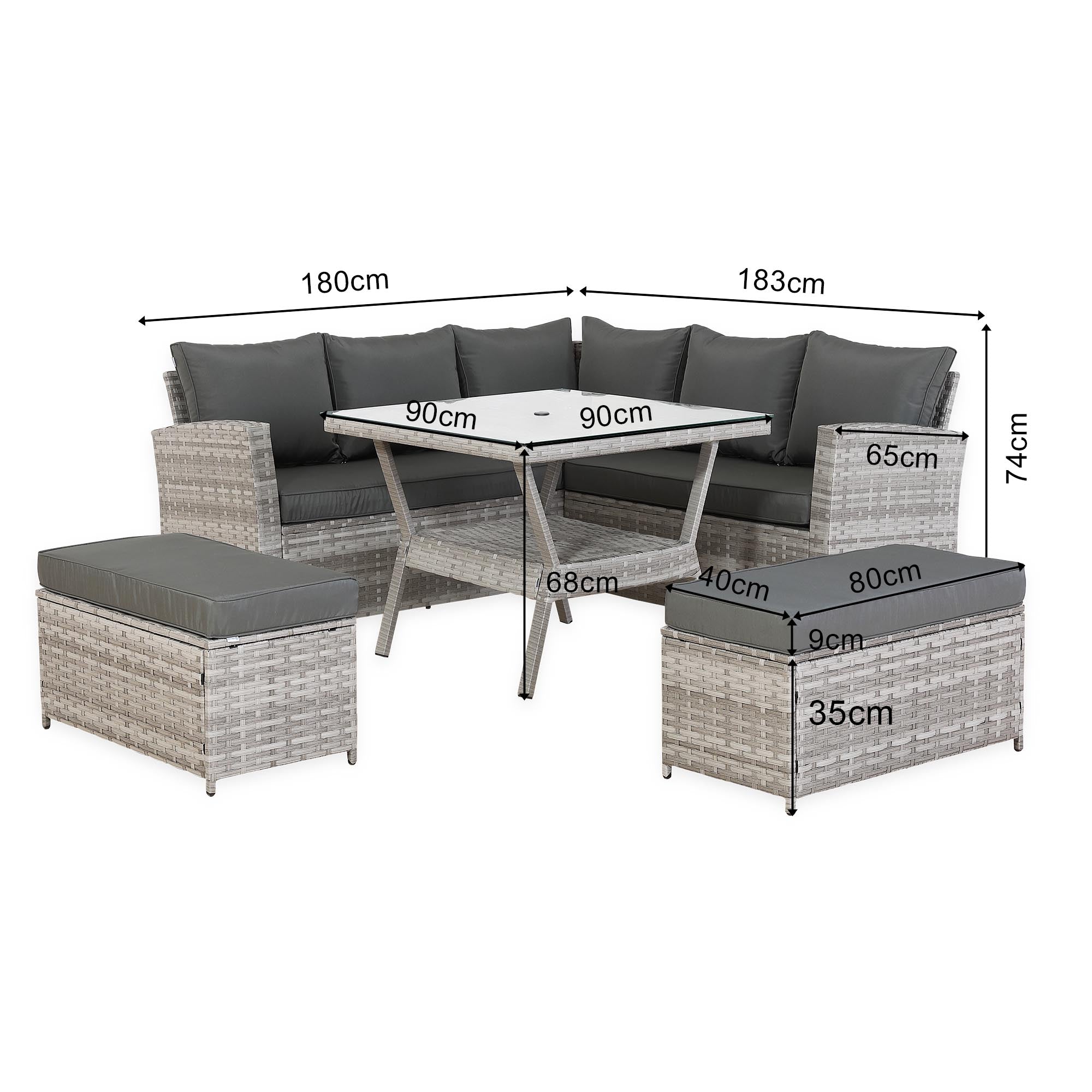 [Pre Order]Bristol Range 9 Seater Rattan Garden Furniture Set | All-Weather Sofa & Dining Set with Glass Table, 2 Benches & Parasol Hole (Grey)