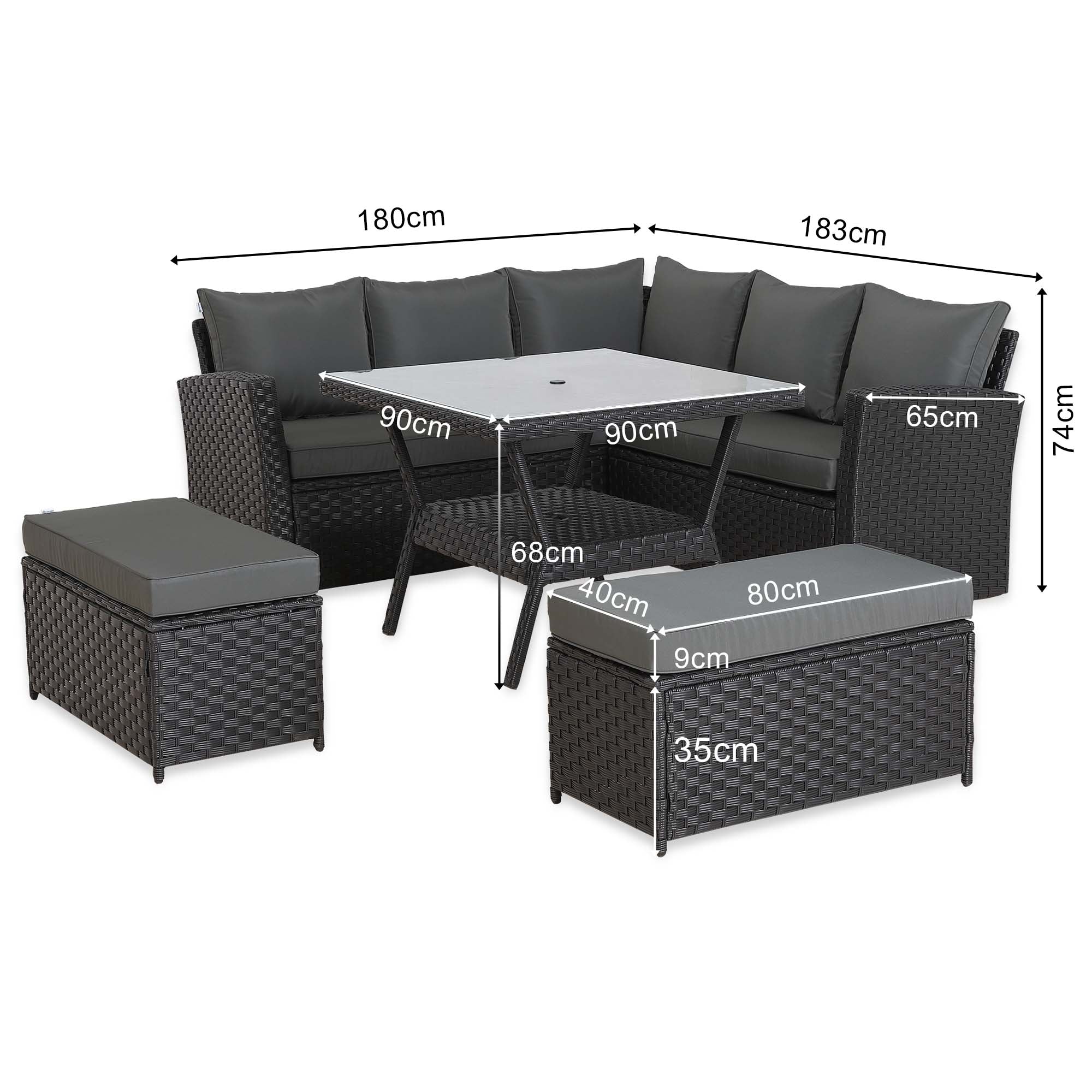 [Pre Order]Bath Range 9 Seater Rattan Garden Furniture Set | All-Weather Sofa & Dining Set with Glass Table, 2 Benches & Parasol Hole (Black Rattan/Grey Cushions)