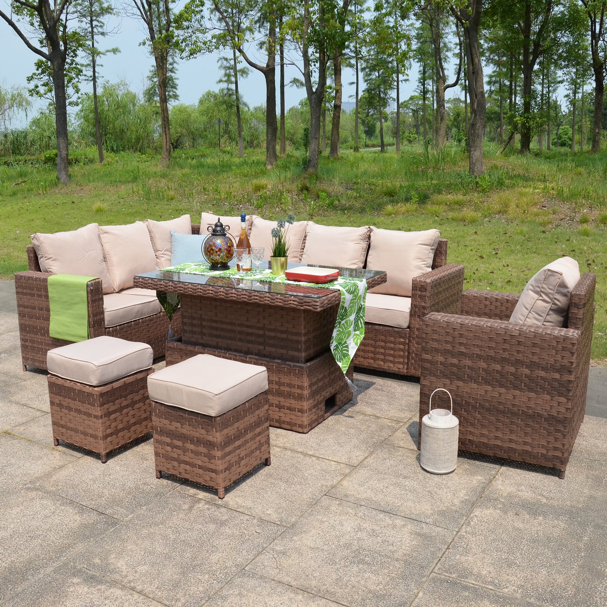 Canna Range High Back LHF Large Dining Corner Sofa Set with Rising Table and Armchair Table In Large Brown