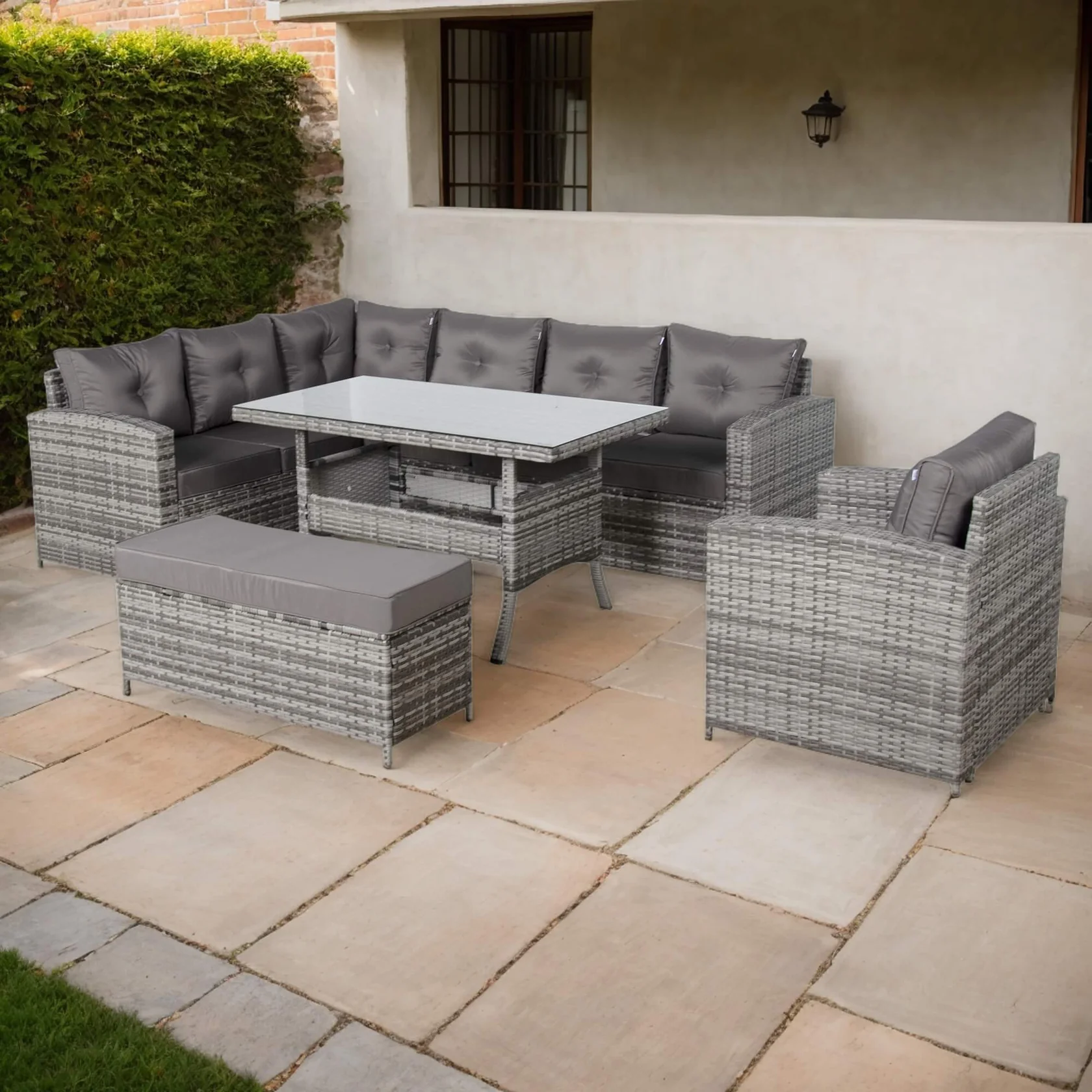 Henley Range 9-Seater High Back Elite Rattan Garden Conservatory LHF Corner Sofa Set with Arm Chair,Bench,Rectangular Dining Table Weaved in Grey Rattan and Cushions