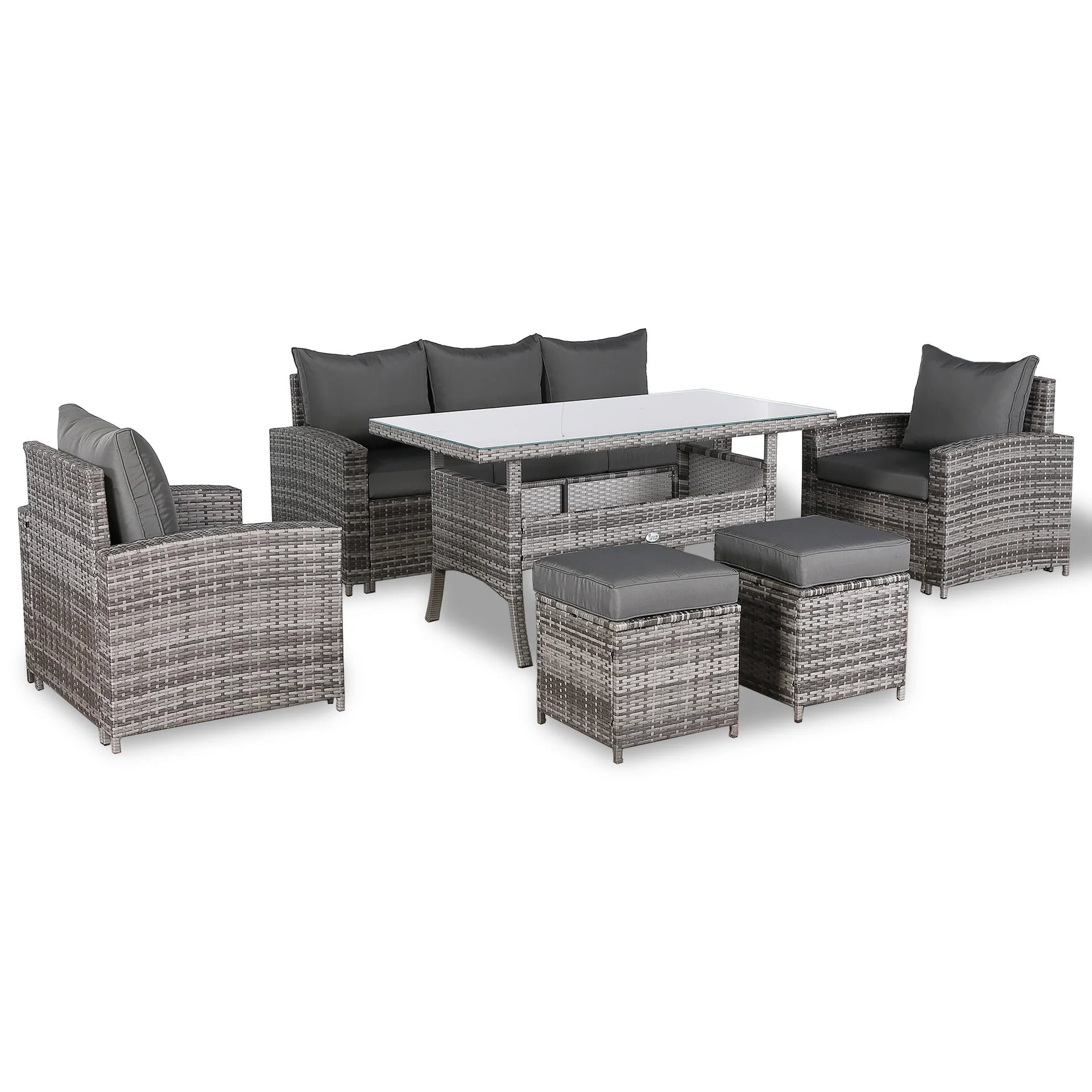 Henley Range 7-Seater High Back Large Dining Sofa Set，Garden Conservatory Sofa with Arm Chairs，Footstools，Rectangular Dining Table Weaved in Grey Rattan and Cushion
