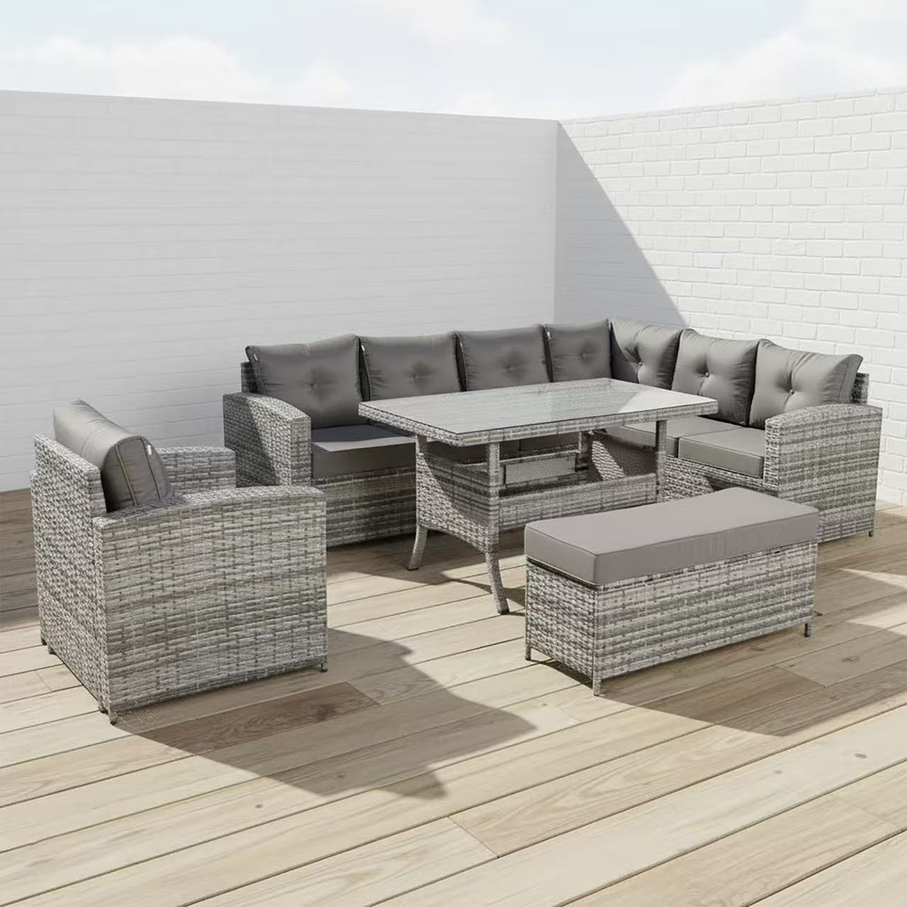 Flint Range 9-Seater High Back Elite Rattan Garden Conservatory RHF Corner Sofa Set with Arm Chair,Bench,Rectangular Dining Table Weaved in Grey Rattan and Cushions