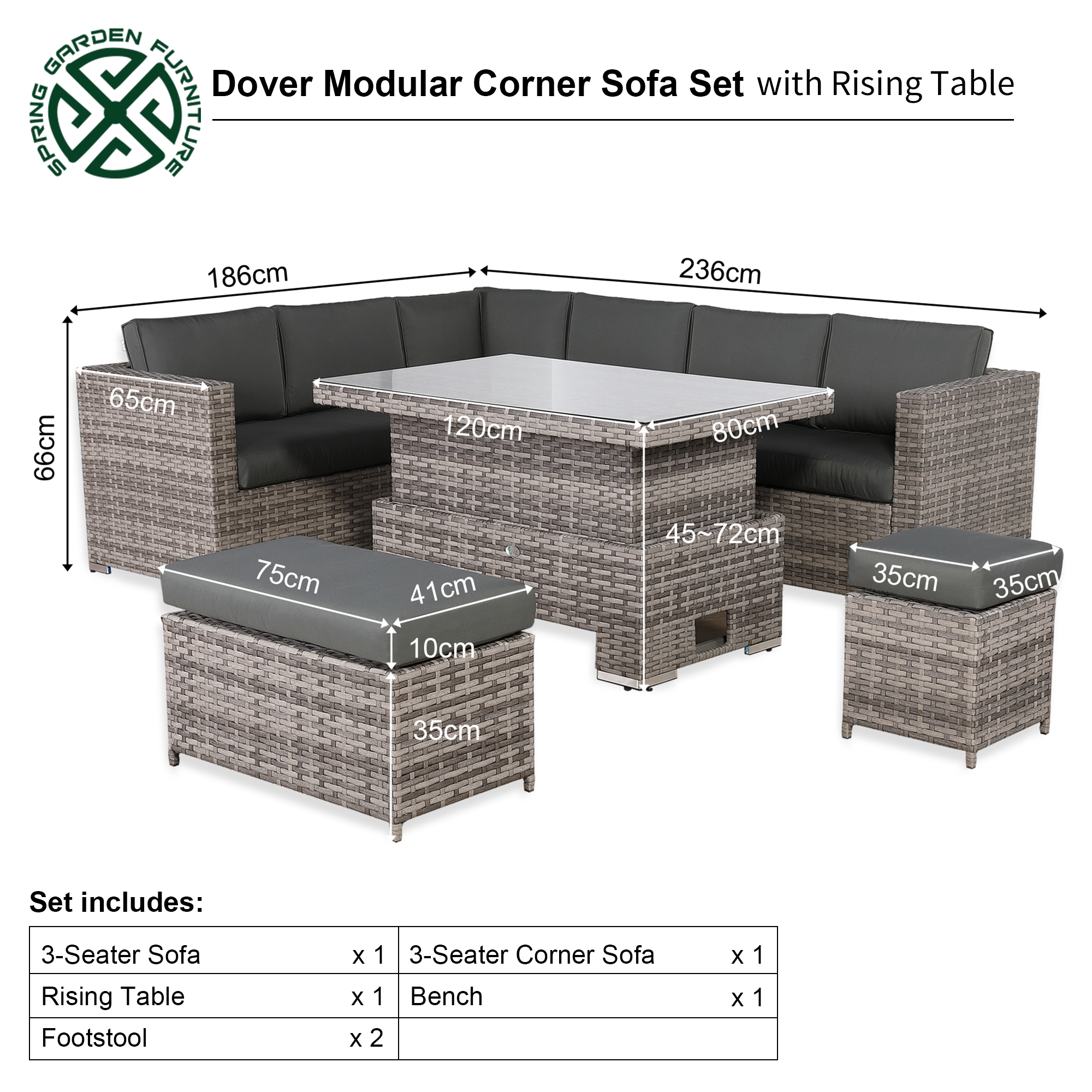 Dover Range 9-Seater Rattan Sectional Sofa Set | Rising Dining/Coffee Table, Corner Sofa, Bench & Footstool | Outdoor Wicker Furniture (Grey Cushions)
