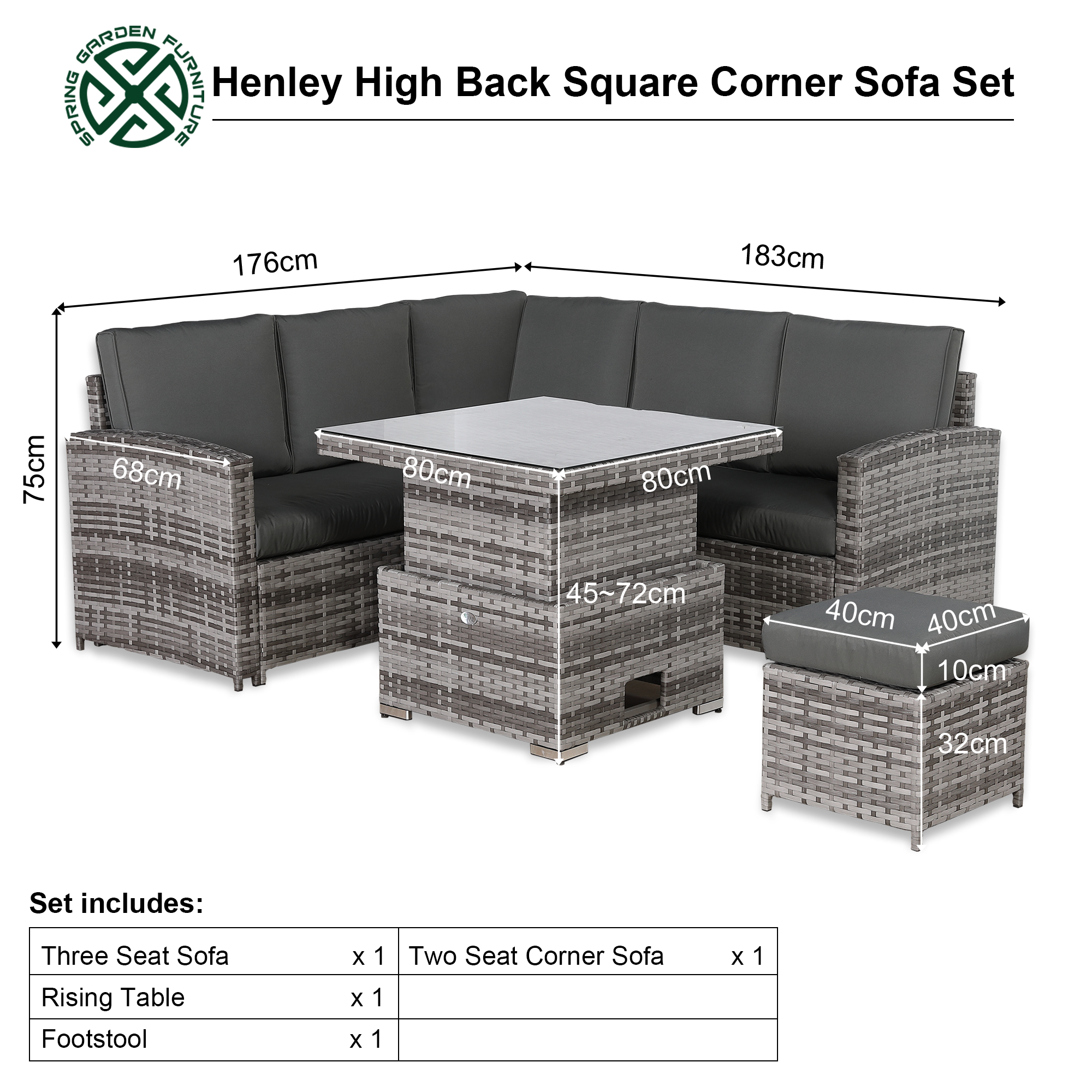 [Pre Order]Henley Elite Outdoor 6-Seater High Back Rattan Corner Sofa Set | Rising Dining Table, Footstool & Grey Cushions