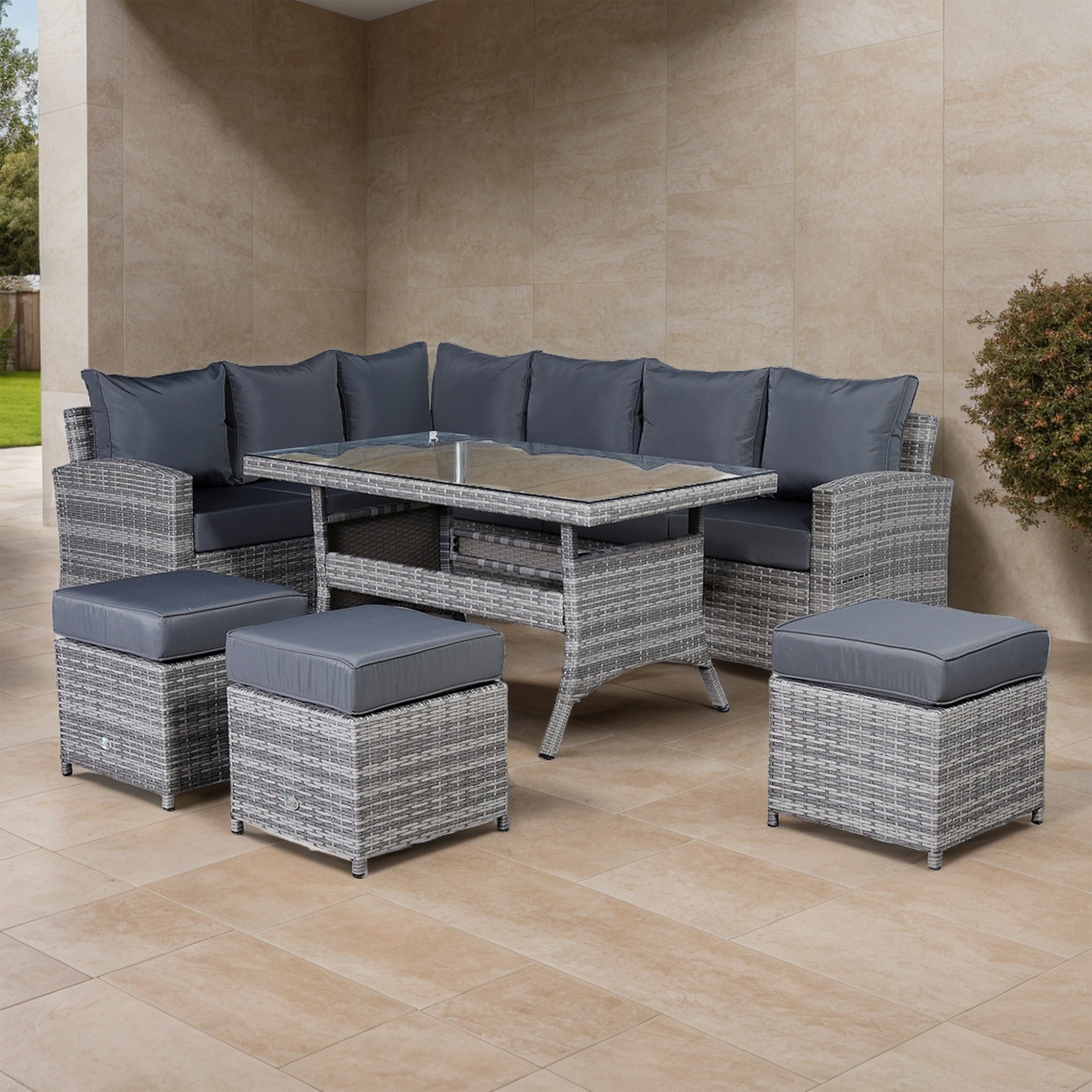 PRE ORDER...Harmony Left Hand Corner Sofa Set With Dinning Table In Grey Rattan(CS14)