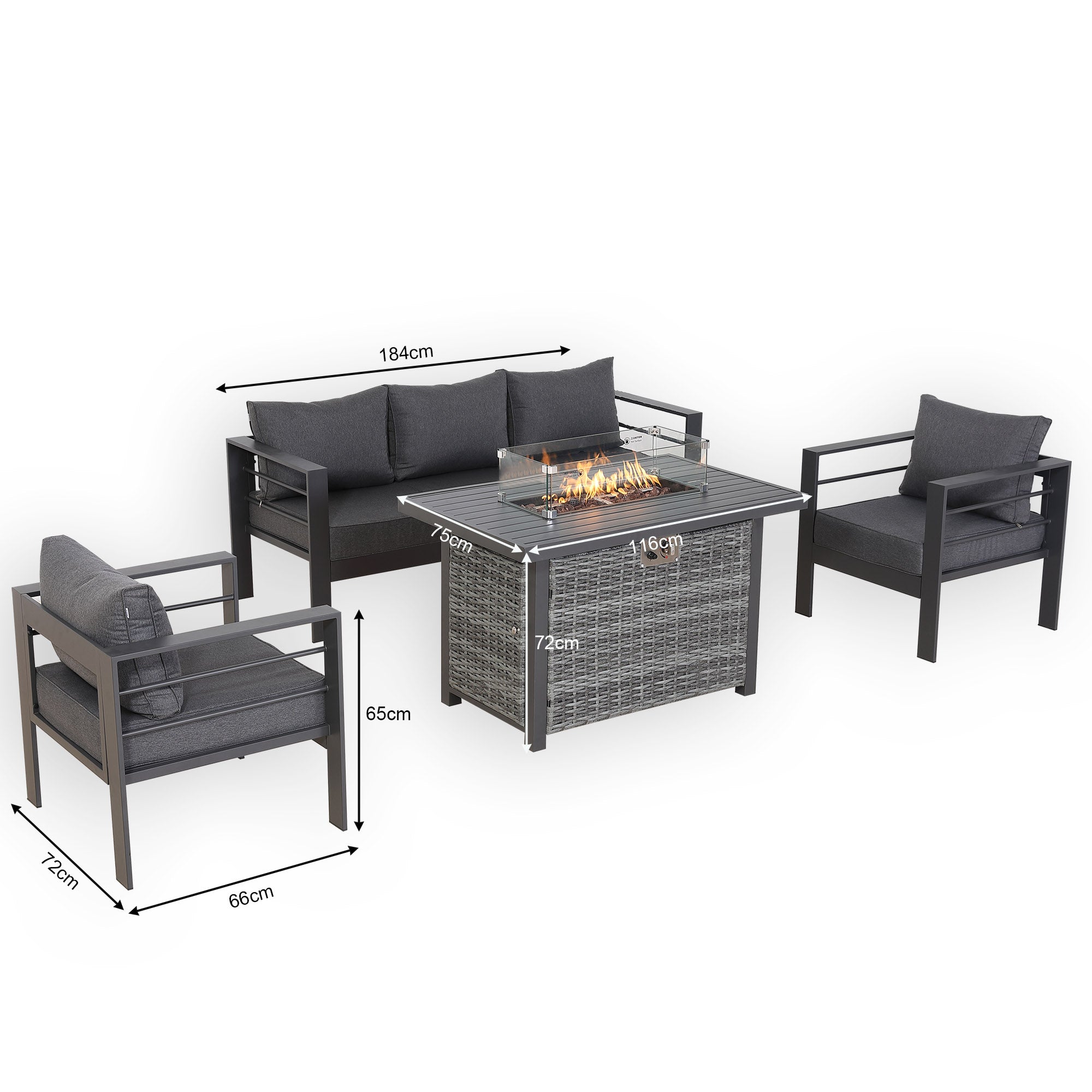 Brighton Range 5-Seater Furniture Set，All-Weather Garden Conservatory 3-Seater Sofa，Chairs and Fire Pit Table in Grey Aluminium Frame